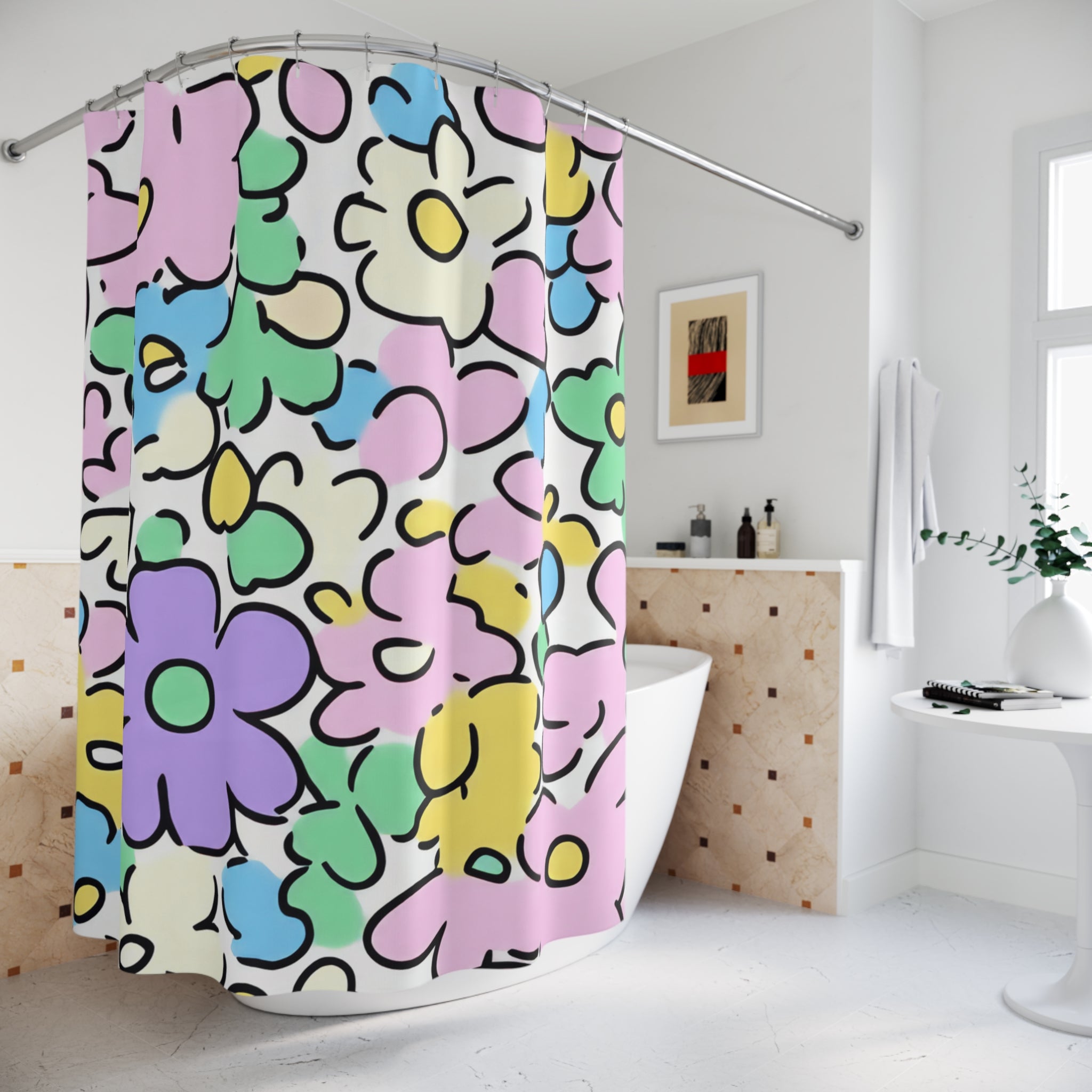 Colorful Hand-Drawn Floral Shower Curtain, Artsulli - Art is Long, Life is Short, Home Decor, , , , , , , 