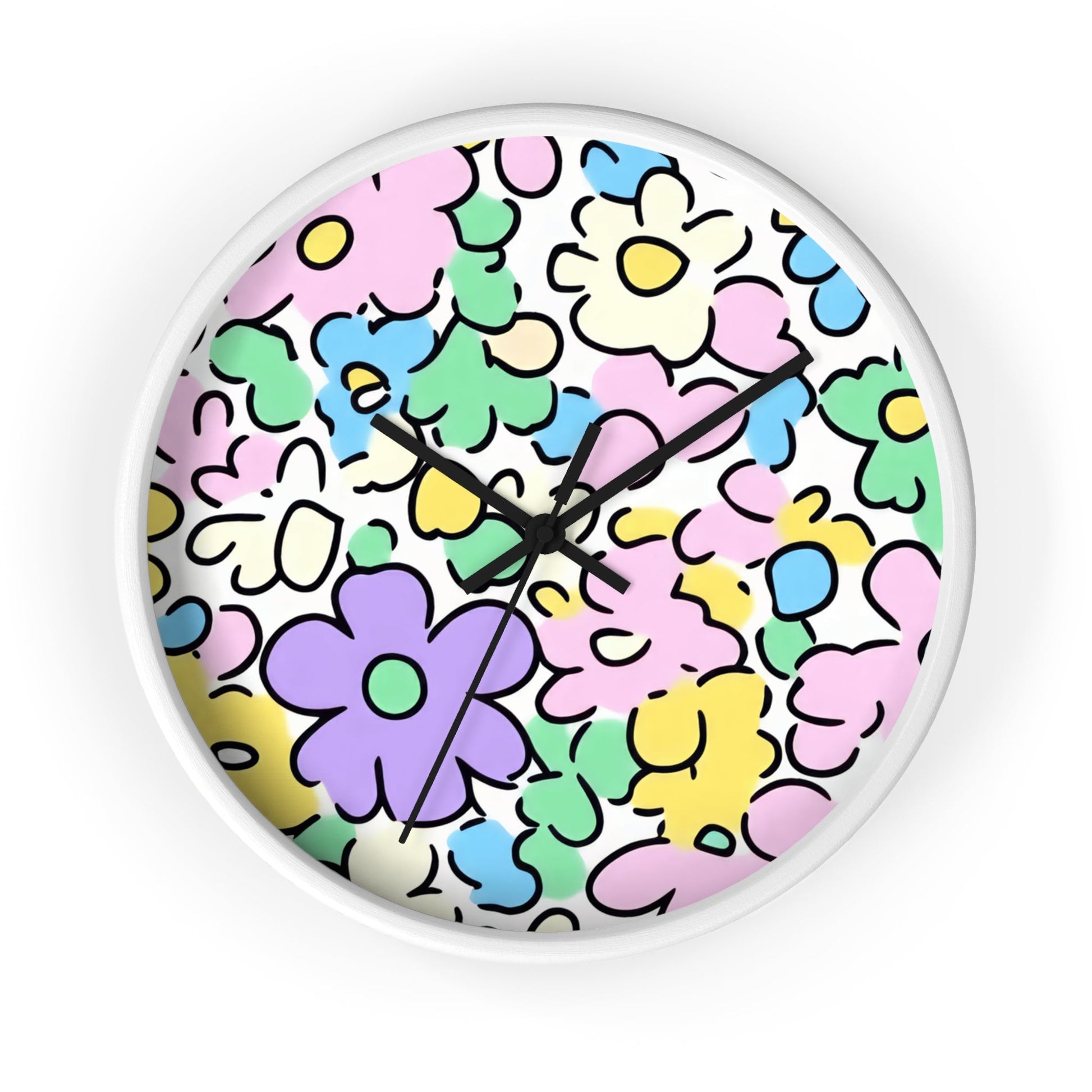 Colorful Hand Drawn Floral Wall Clock, Artsulli - Art is Long, Life is Short, Home Decor, Color, White Base, Hands, Black, Size, 10", 27998748140469162096
