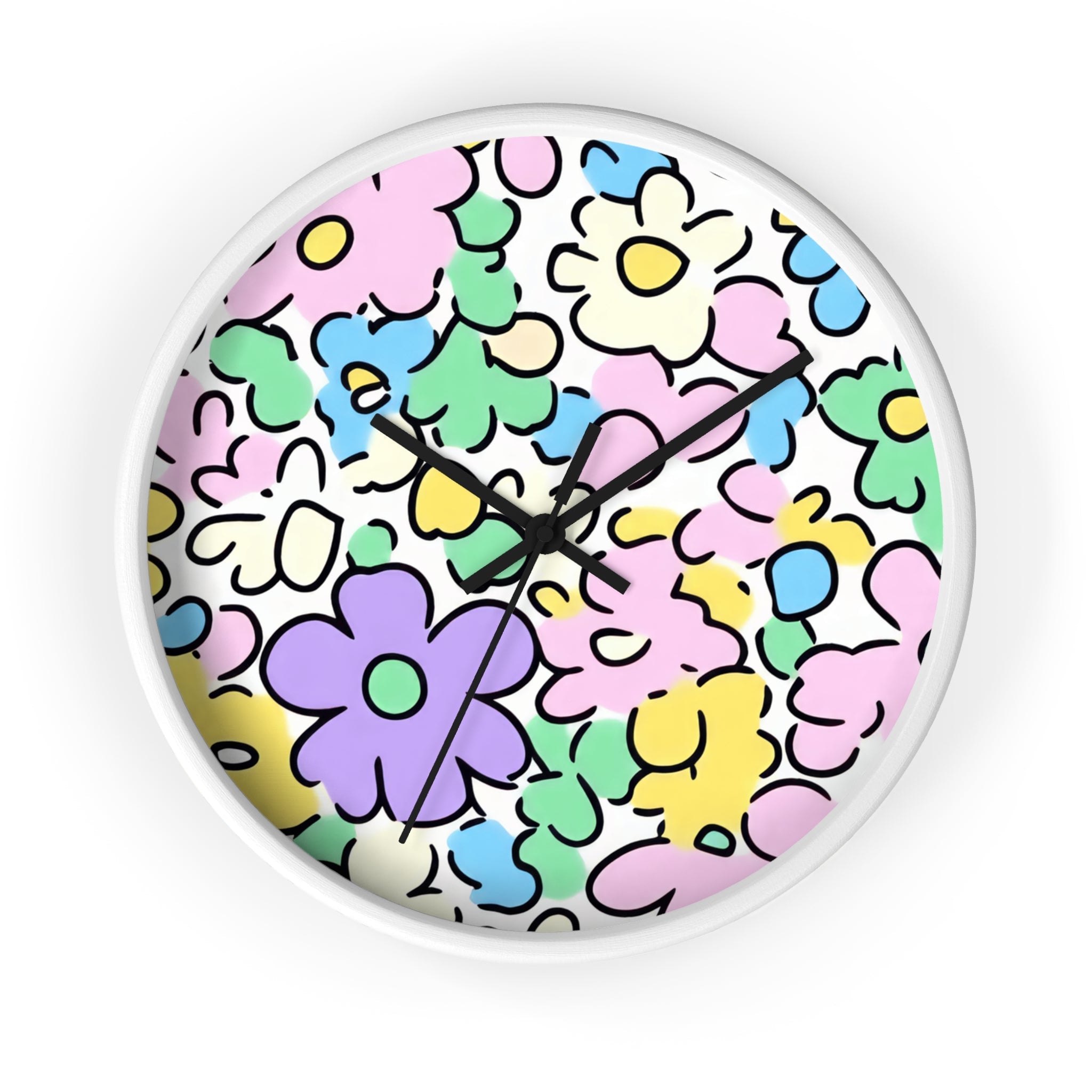 Colorful Hand Drawn Floral Wall Clock, Artsulli - Art is Long, Life is Short, Home Decor, Color, White Base, Hands, Black, Size, 10", 27998748140469162096