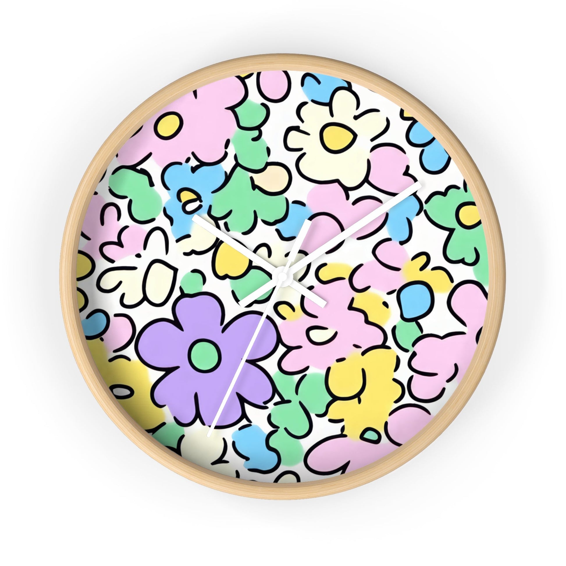 Colorful Hand Drawn Floral Wall Clock, Artsulli - Art is Long, Life is Short, Home Decor, Color, Wooden Base, Hands, White, Size, 10", 10770694897241302174