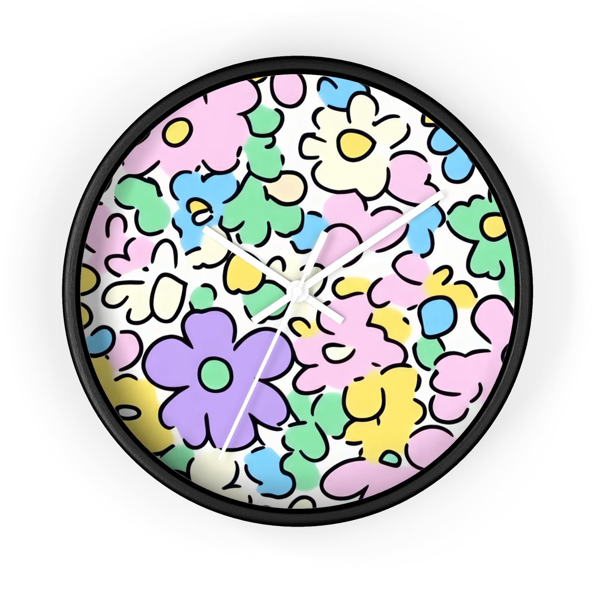 Colorful Hand Drawn Floral Wall Clock, Artsulli - Art is Long, Life is Short, Home Decor, Color, Black Base, Hands, White, Size, 10", 25881109894932787676