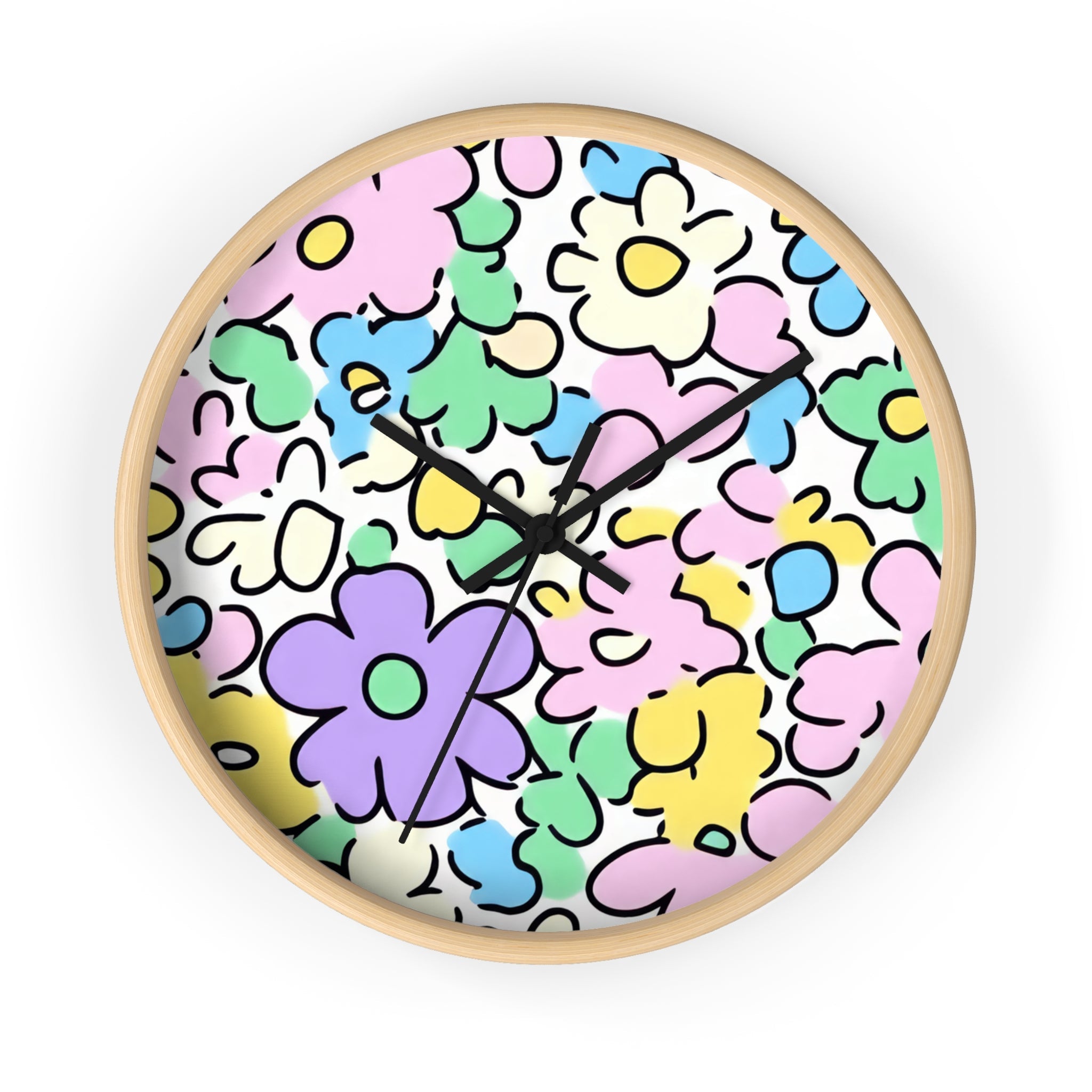 Colorful Hand Drawn Floral Wall Clock, Artsulli - Art is Long, Life is Short, Home Decor, Color, Wooden Base, Hands, Black, Size, 10", 10692092991031326754