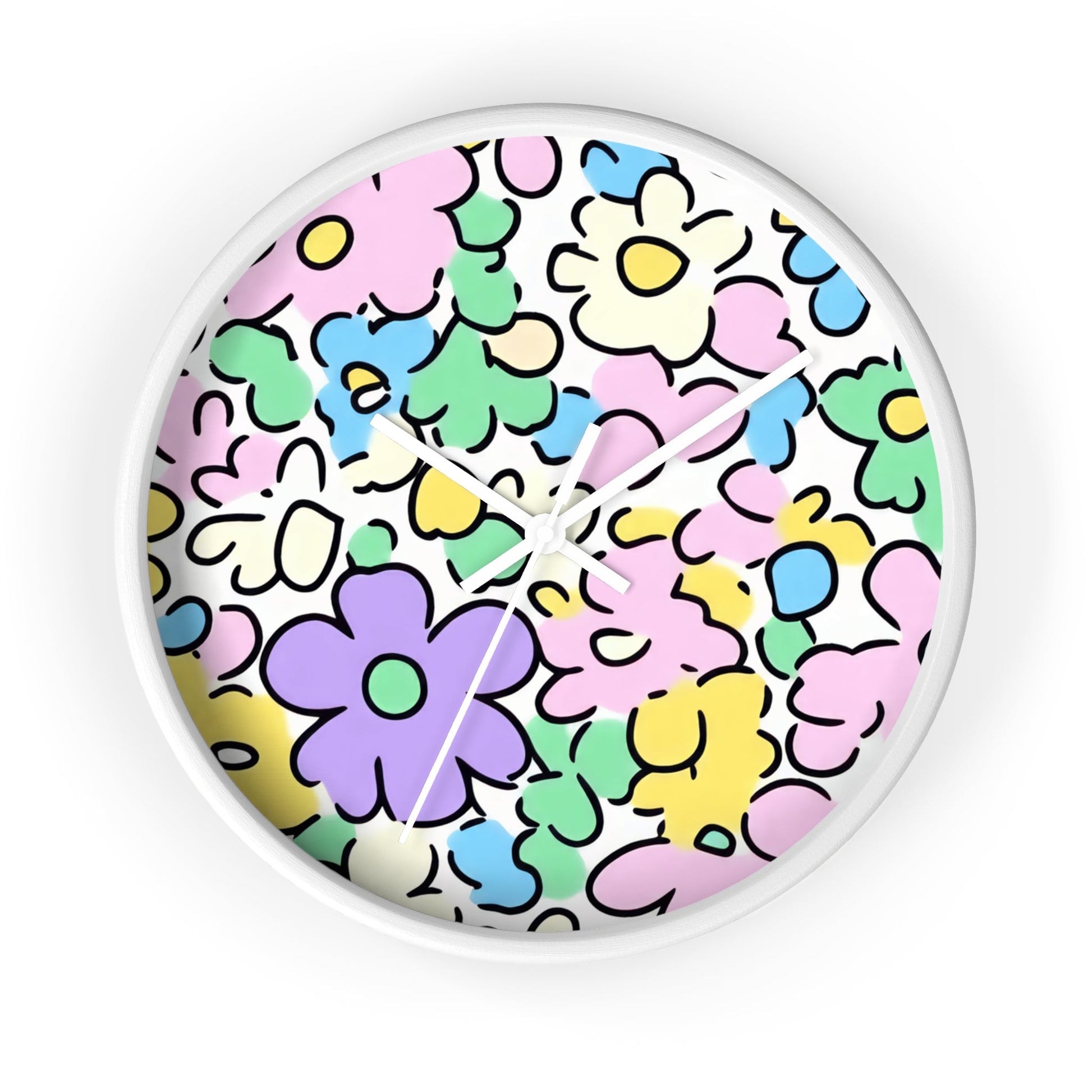 Colorful Hand Drawn Floral Wall Clock, Artsulli - Art is Long, Life is Short, Home Decor, Color, White Base, Hands, White, Size, 10", 23442093506364127355
