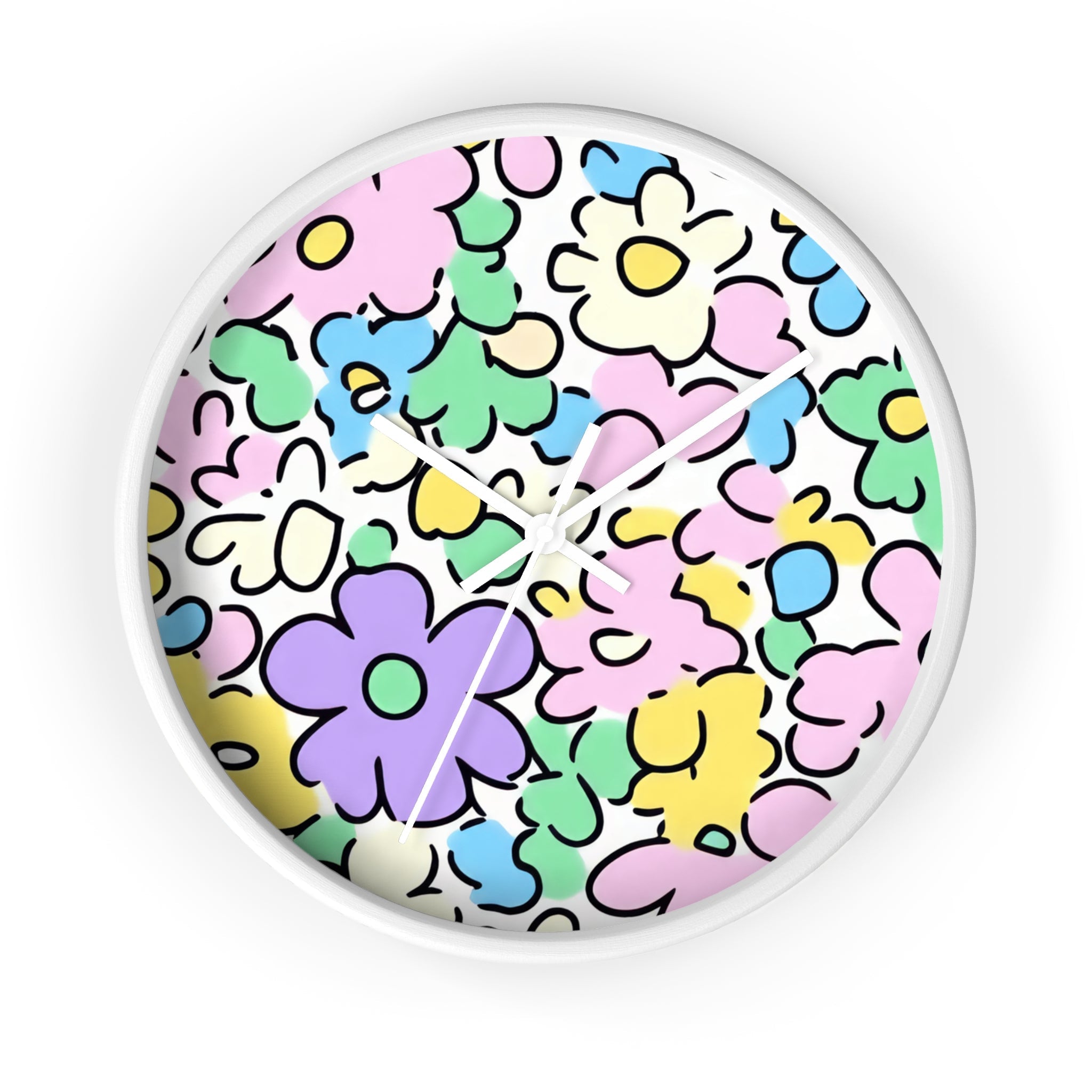 Colorful Hand Drawn Floral Wall Clock, Artsulli - Art is Long, Life is Short, Home Decor, Color, White Base, Hands, White, Size, 10", 23442093506364127355