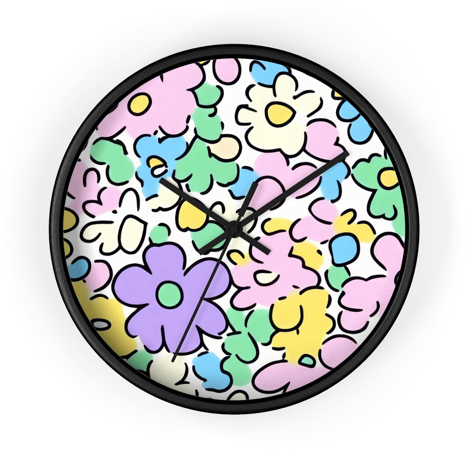 Colorful Hand Drawn Floral Wall Clock, Artsulli - Art is Long, Life is Short, Home Decor, Color, Black Base, Hands, Black, Size, 10", 56847365222969119575