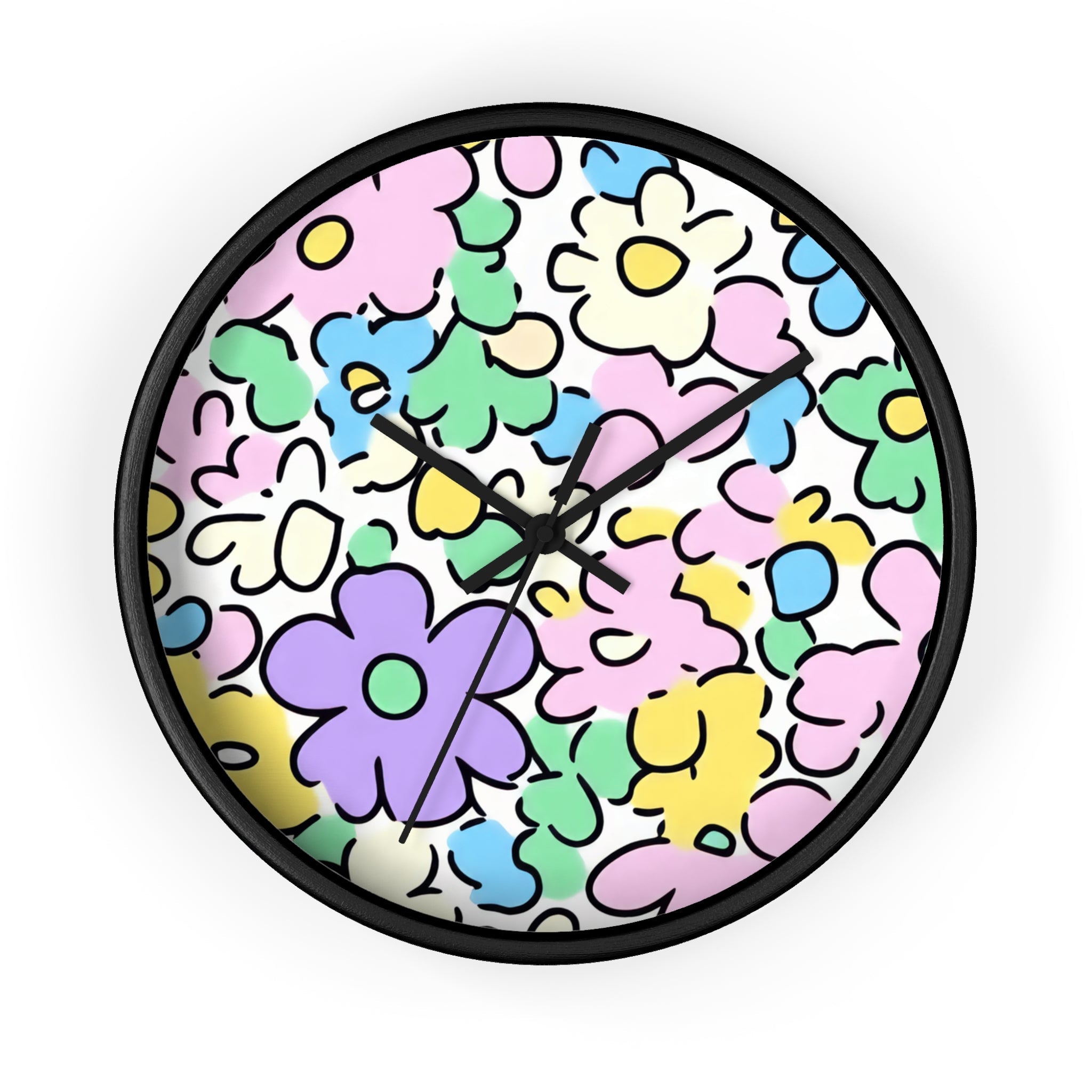 Colorful Hand Drawn Floral Wall Clock, Artsulli - Art is Long, Life is Short, Home Decor, Color, Black Base, Hands, Black, Size, 10", 56847365222969119575