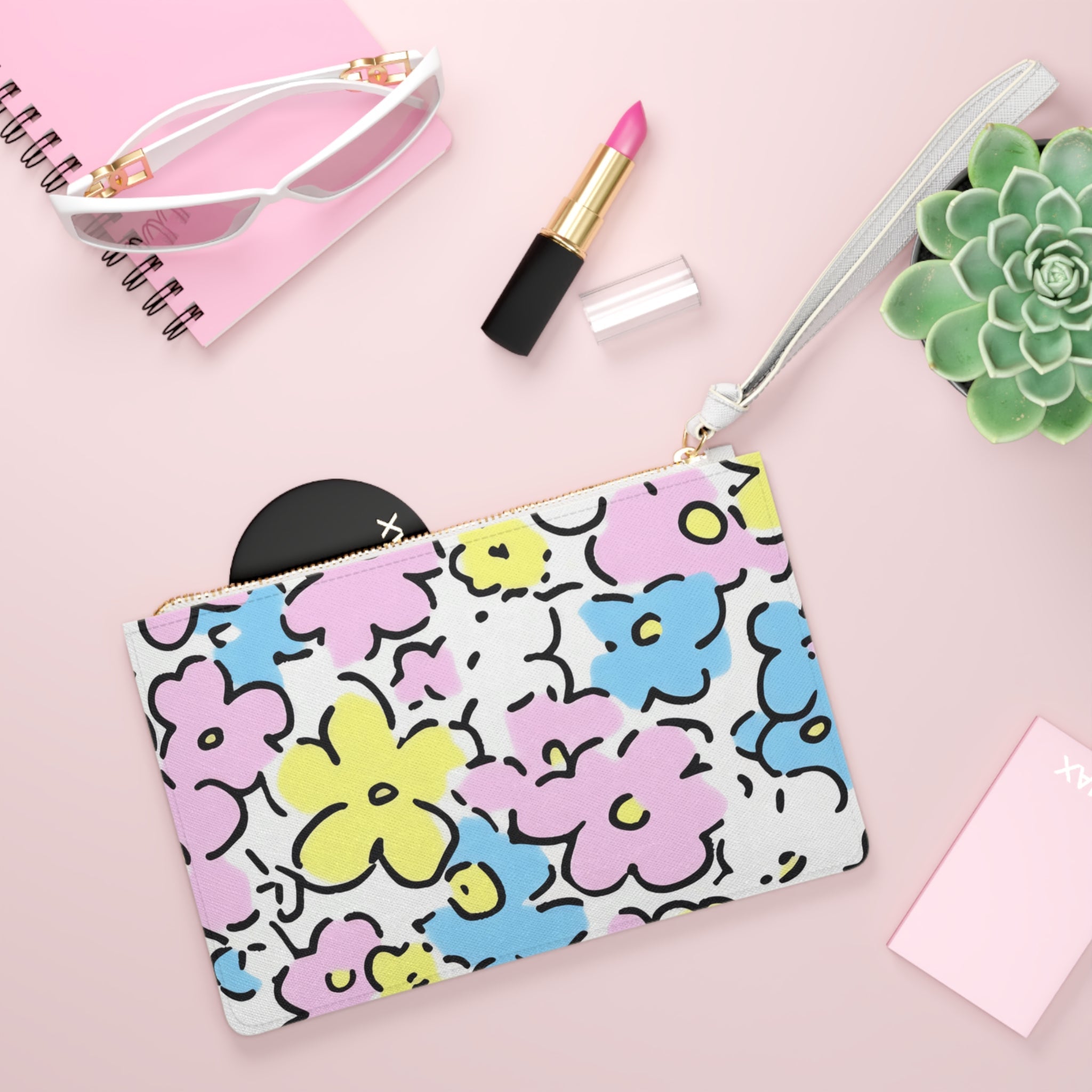 Colorful Outlined Floral Clutch Bag, Artsulli - Art is Long, Life is Short, Bags, , , , , , , 