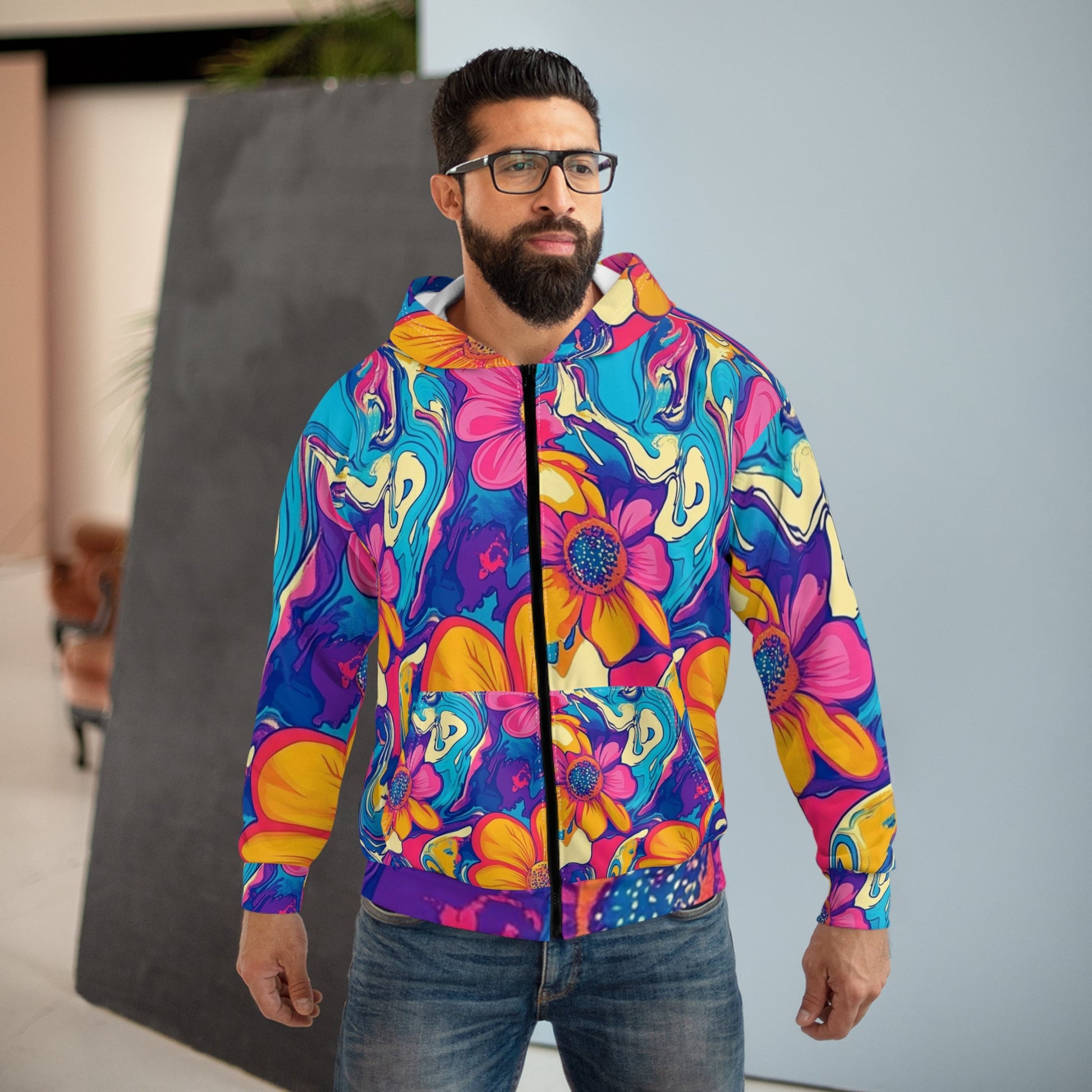 Colorful Psychedelic Floral Zip Hoodie, Artsulli - Art is Long, Life is Short, All Over Prints, , , , , , , 