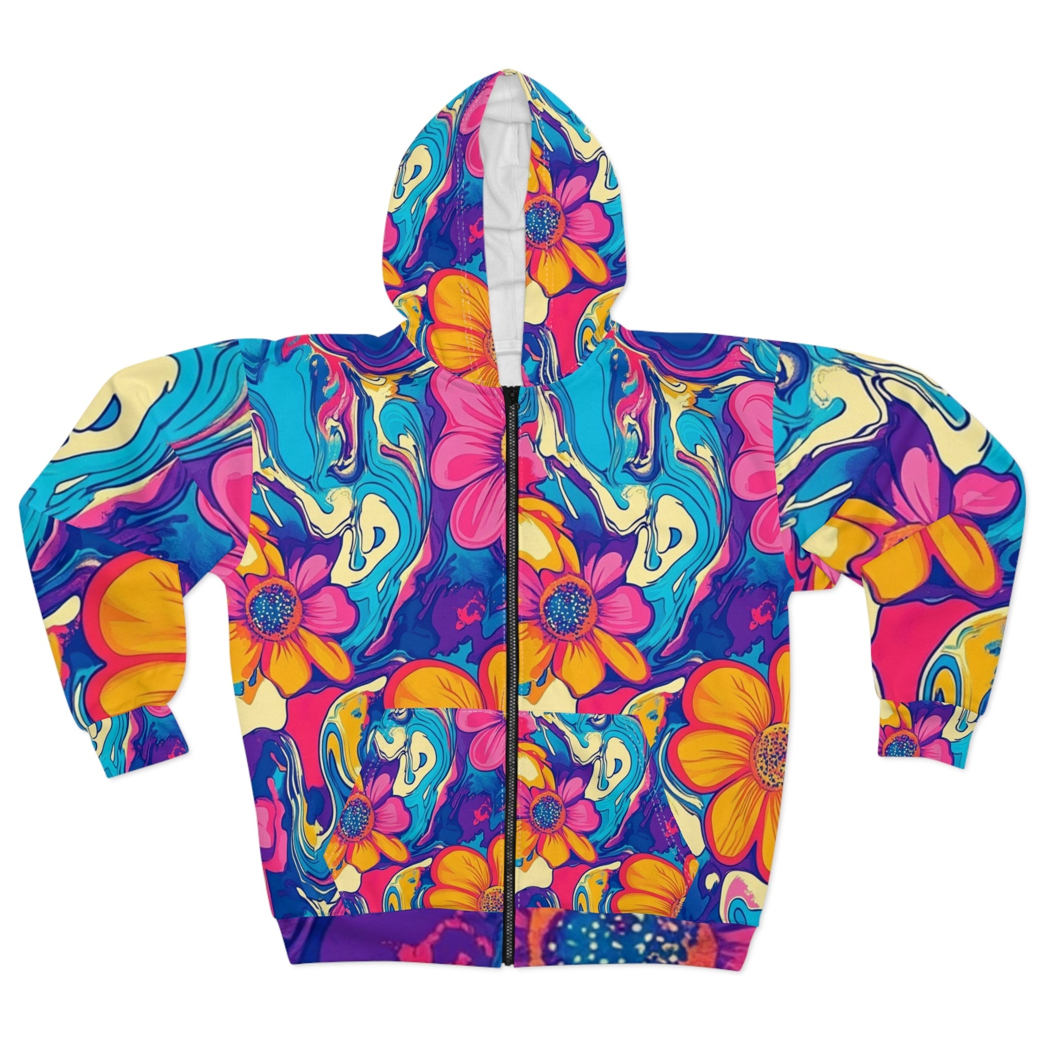 Colorful Psychedelic Floral Zip Hoodie, Artsulli - Art is Long, Life is Short, All Over Prints, Size, XS, , , , , 15563162567491690846