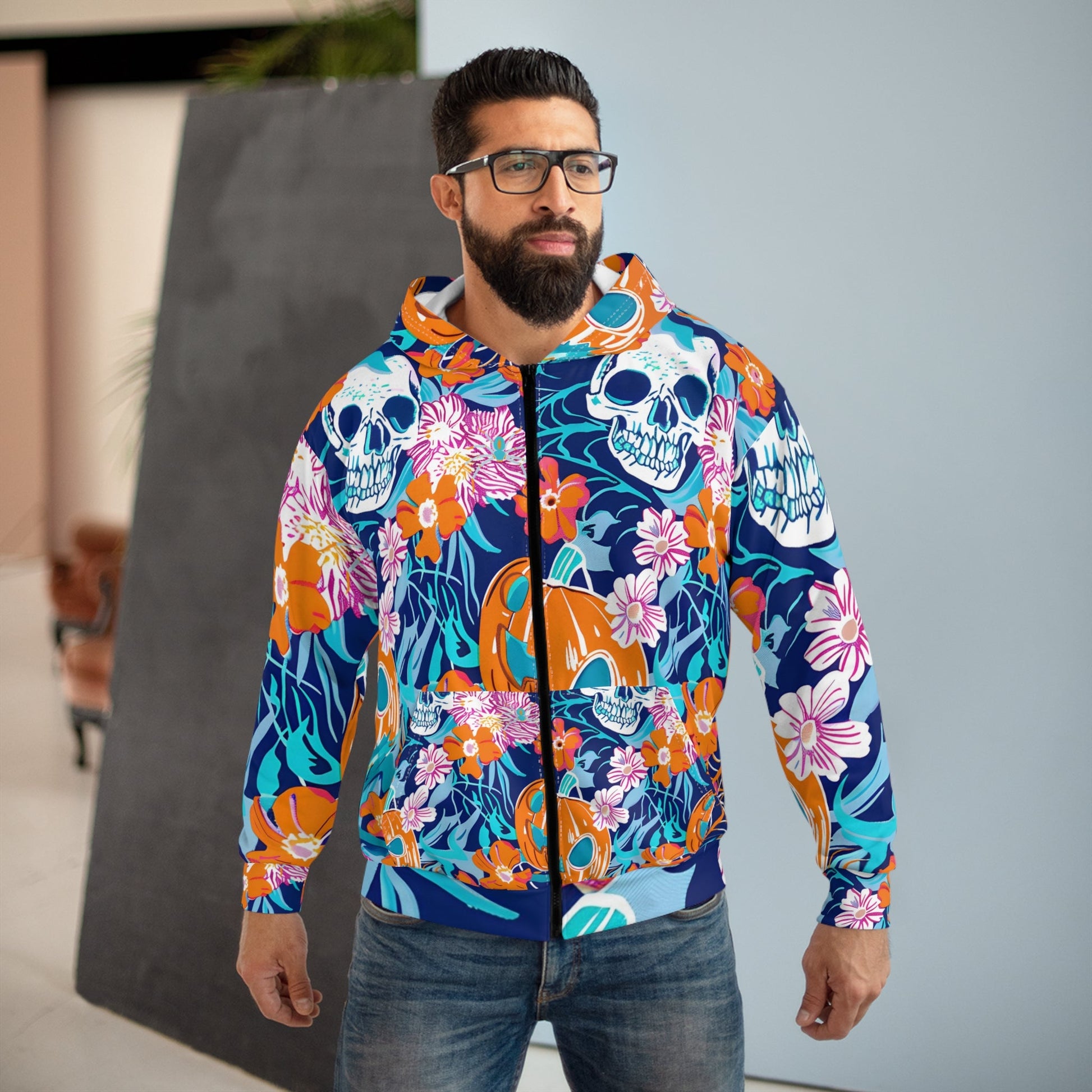 Colorful Skull and Floral Zip Hoodie, Artsulli - Art is Long, Life is Short, All Over Prints, , , , , , , 