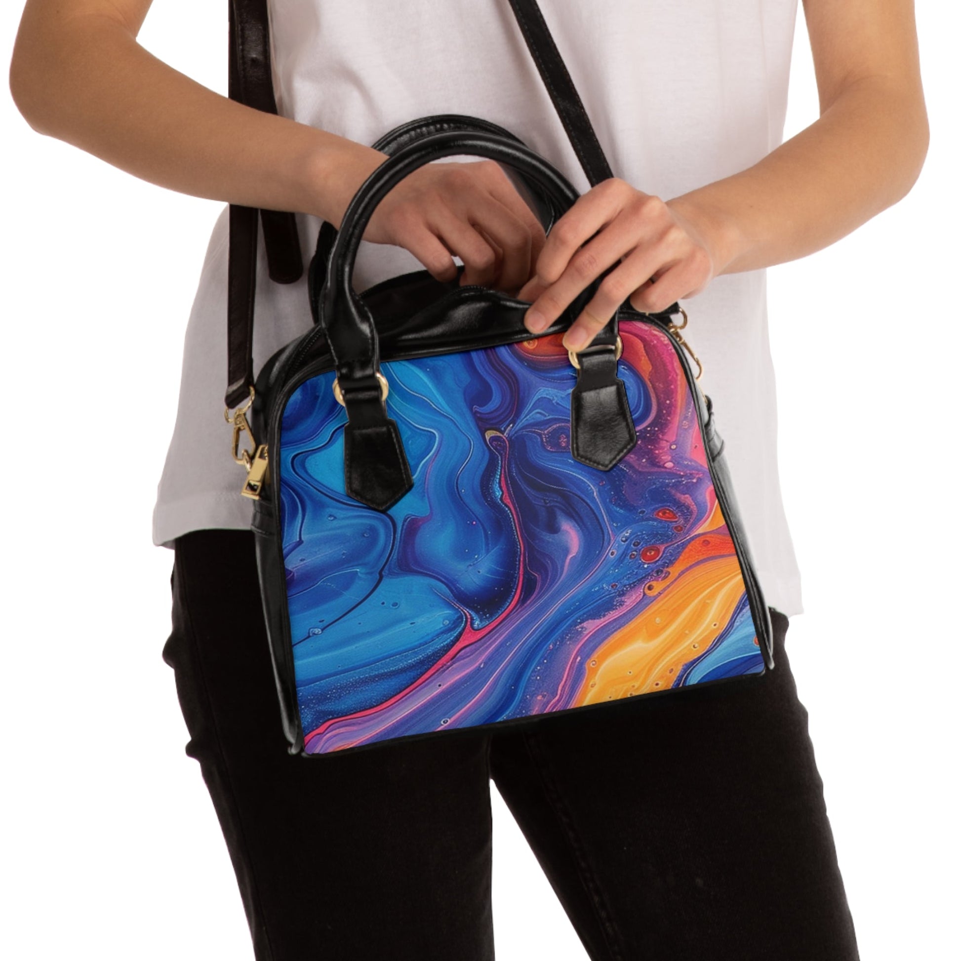 Colorful Swirl Black Leather Handbag, Artsulli - Art is Long, Life is Short, Bags, , , , , , , 