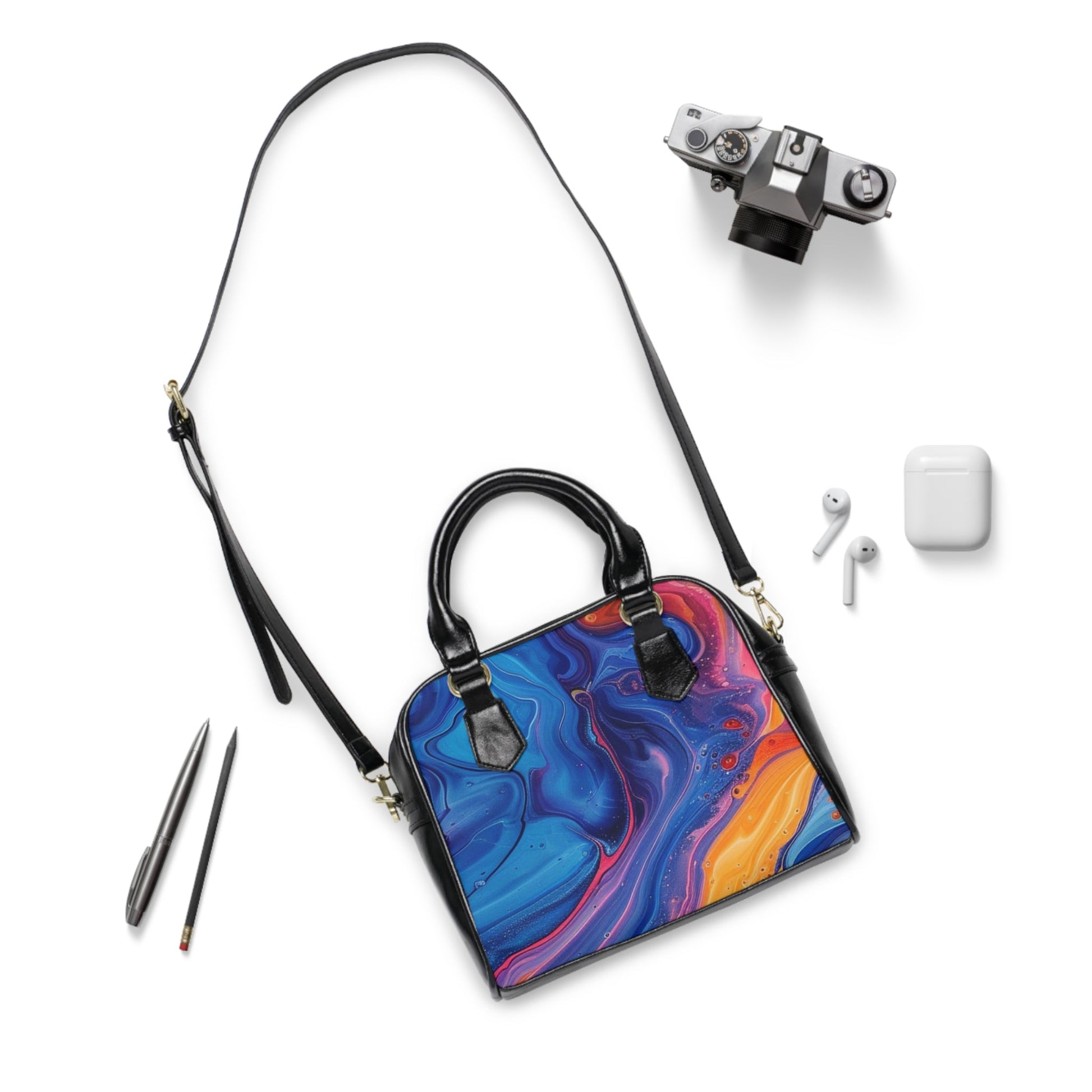 Colorful Swirl Black Leather Handbag, Artsulli - Art is Long, Life is Short, Bags, , , , , , , 