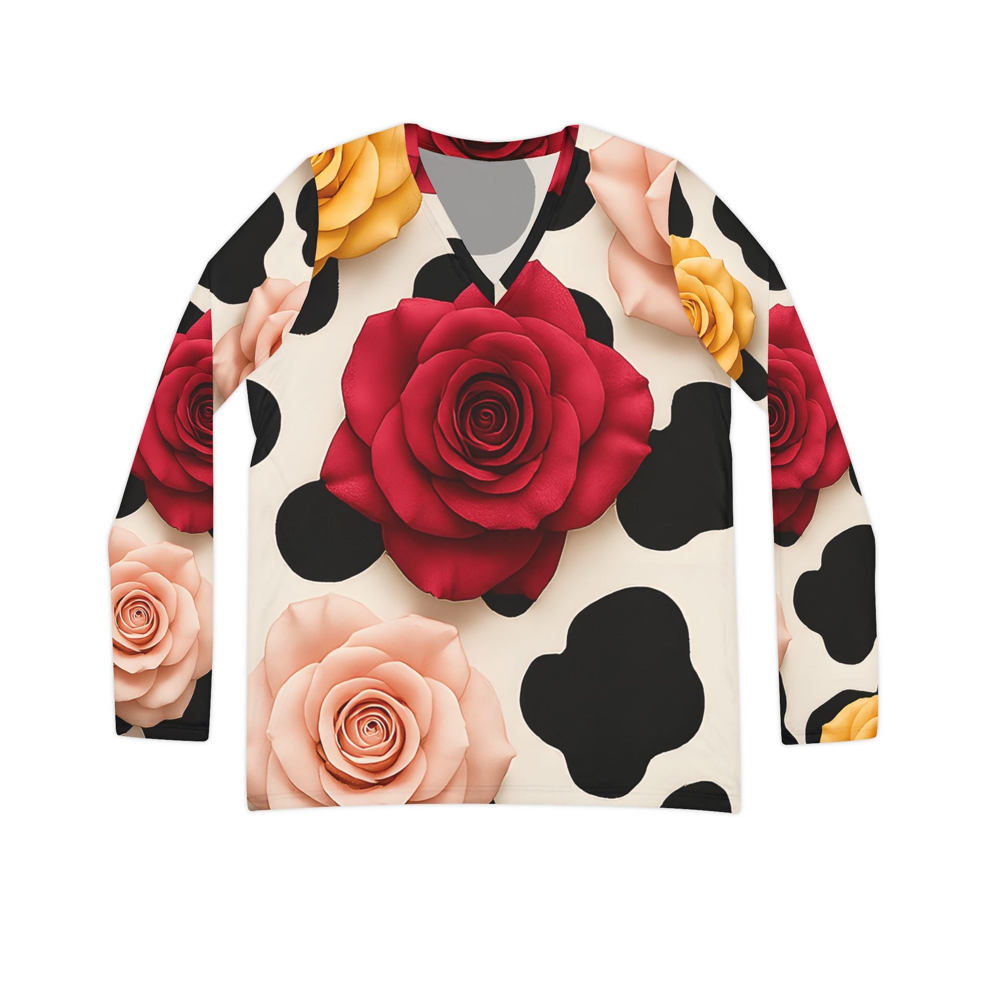 Cow and Rose Print Long Sleeve V-Neck, Artsulli - Art is Long, Life is Short, All Over Prints, Size, XS, , , , , 23885116237937314104