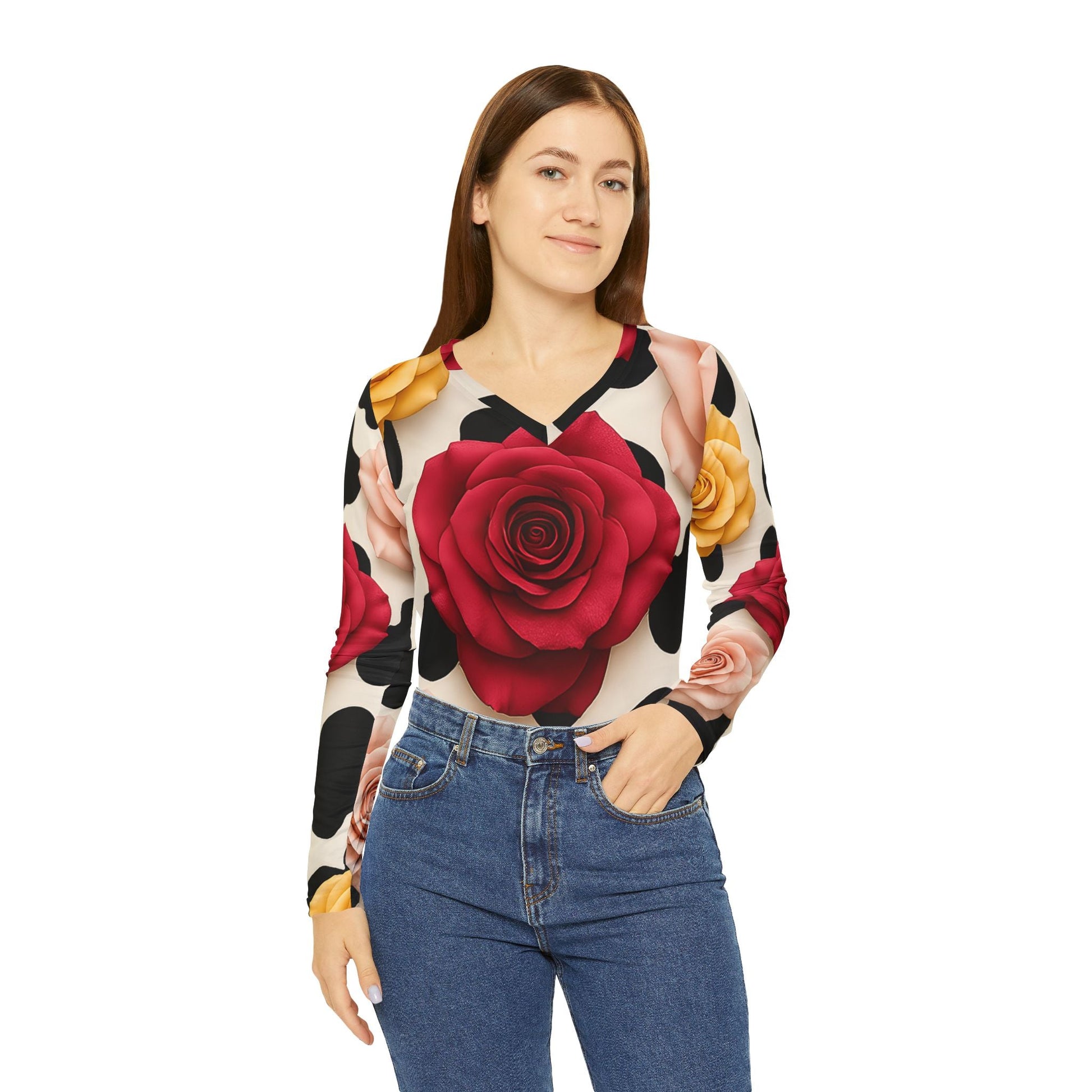 Cow and Rose Print Long Sleeve V-Neck, Artsulli - Art is Long, Life is Short, All Over Prints, , , , , , , 