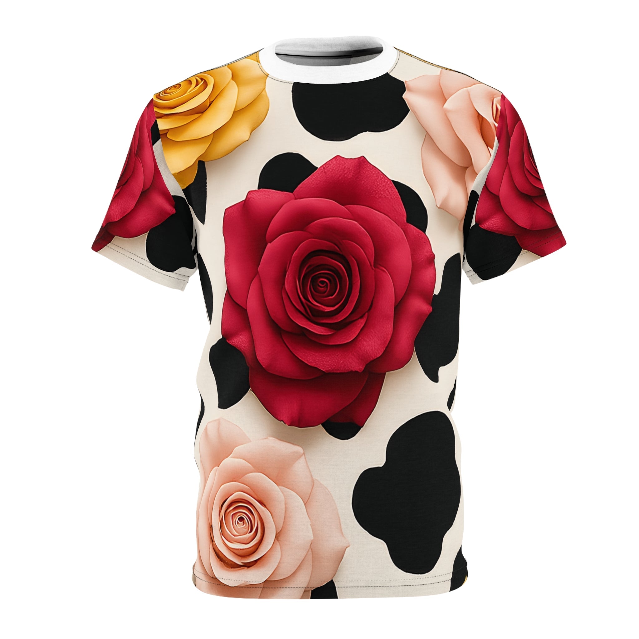 Cow Print and Roses T-Shirt, Artsulli - Art is Long, Life is Short, All Over Prints, Color, Black stitching, Weight, 4 oz., Size, S, 33039219222237071887