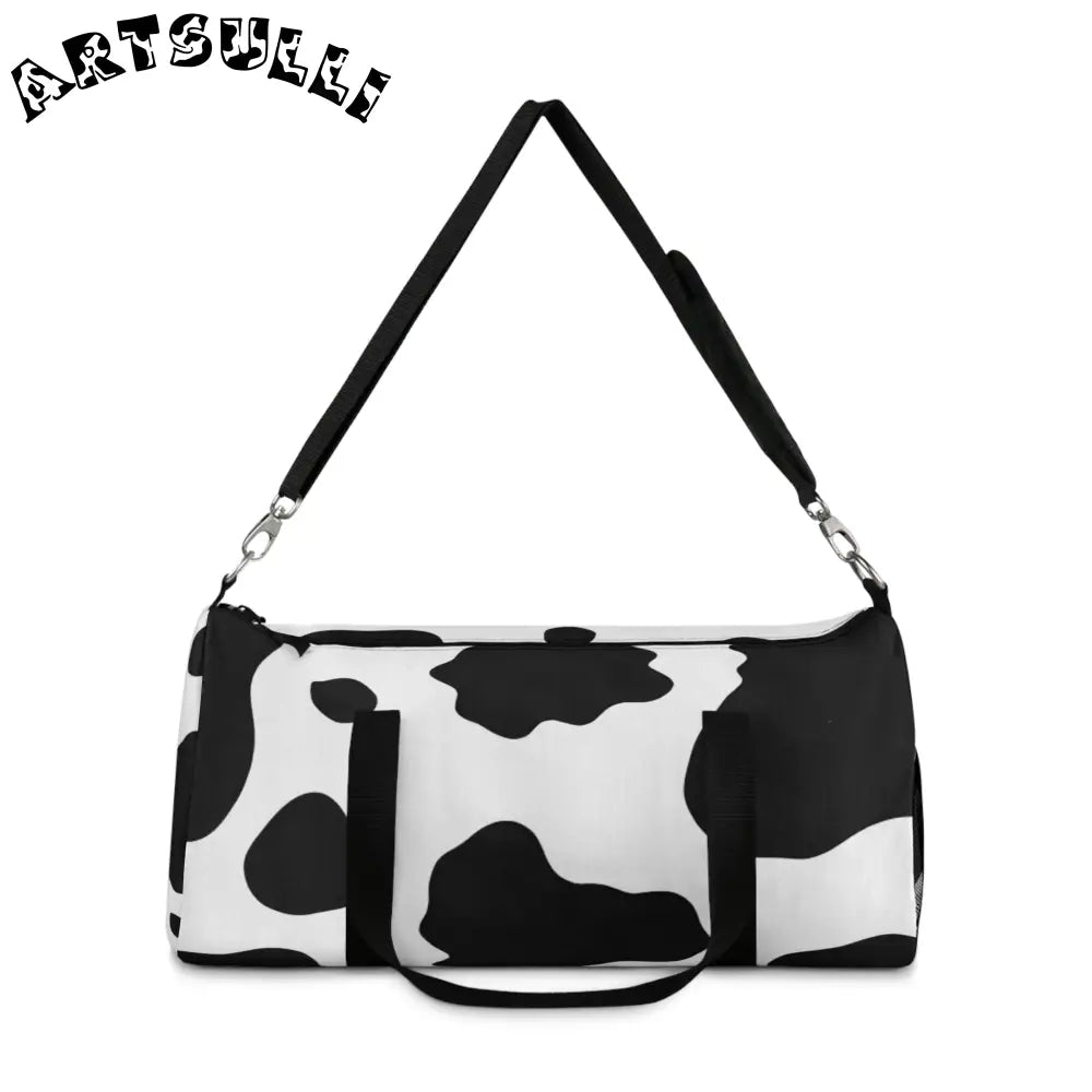 JAKKOUTTHEBXX Black and White Cow Print Duffel Bag with Shoulder