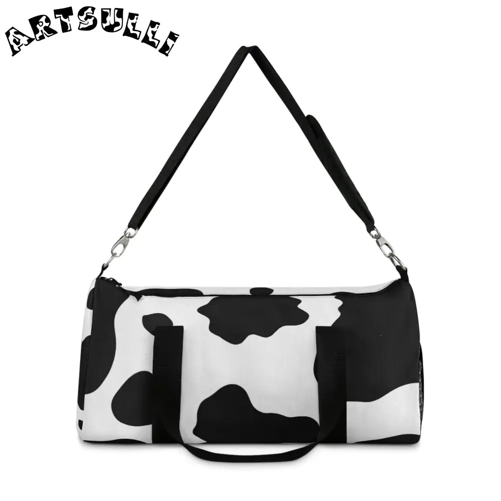 JAKKOUTTHEBXX Black and White Cow Print Duffel Bag with Shoulder