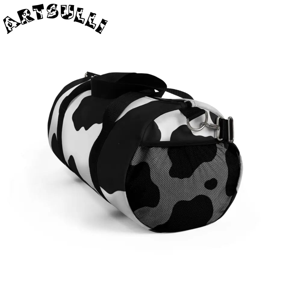 JAKKOUTTHEBXX Black and White Cow Print Duffel Bag with Shoulder