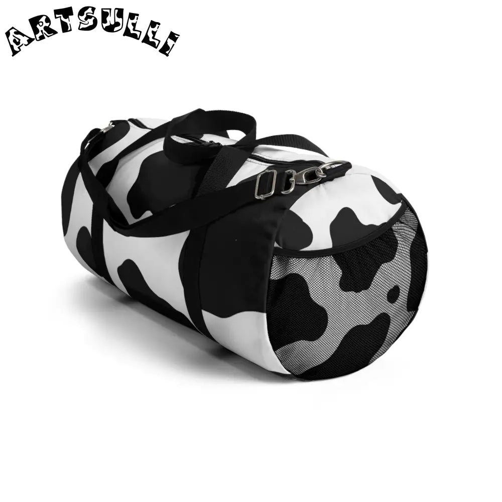 JAKKOUTTHEBXX Black and White Cow Print Duffel Bag with Shoulder