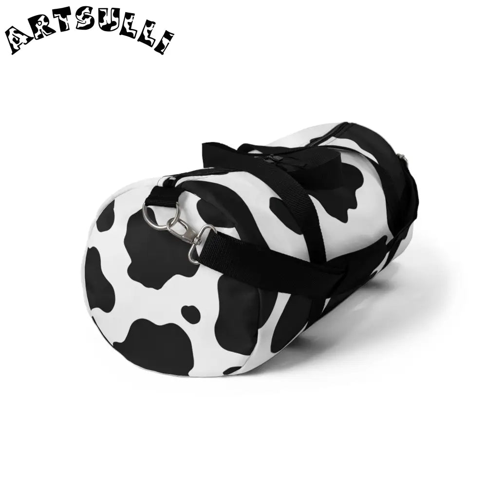 JAKKOUTTHEBXX Black and White Cow Print Duffel Bag with Shoulder