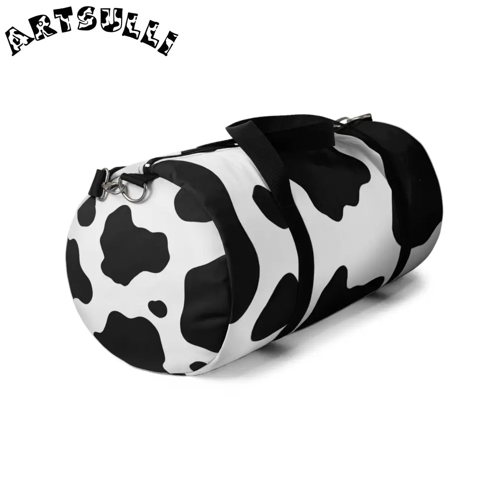 JAKKOUTTHEBXX Black and White Cow Print Duffel Bag with Shoulder