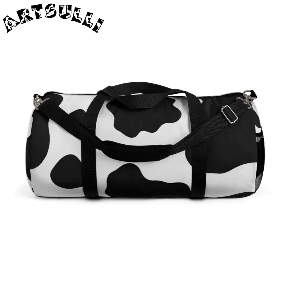 JAKKOUTTHEBXX Black and White Cow Print Duffel Bag with Shoulder
