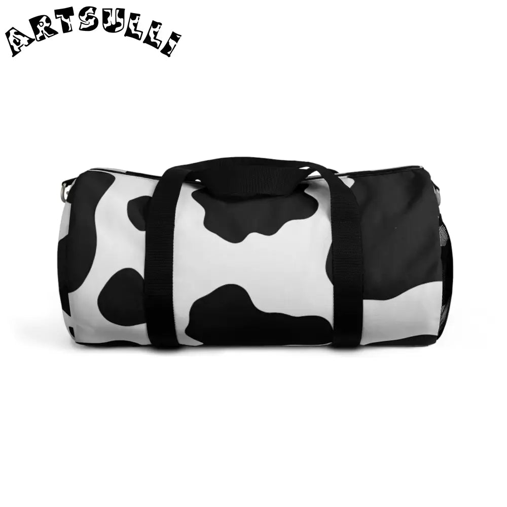 JAKKOUTTHEBXX Black and White Cow Print Duffel Bag with Shoulder