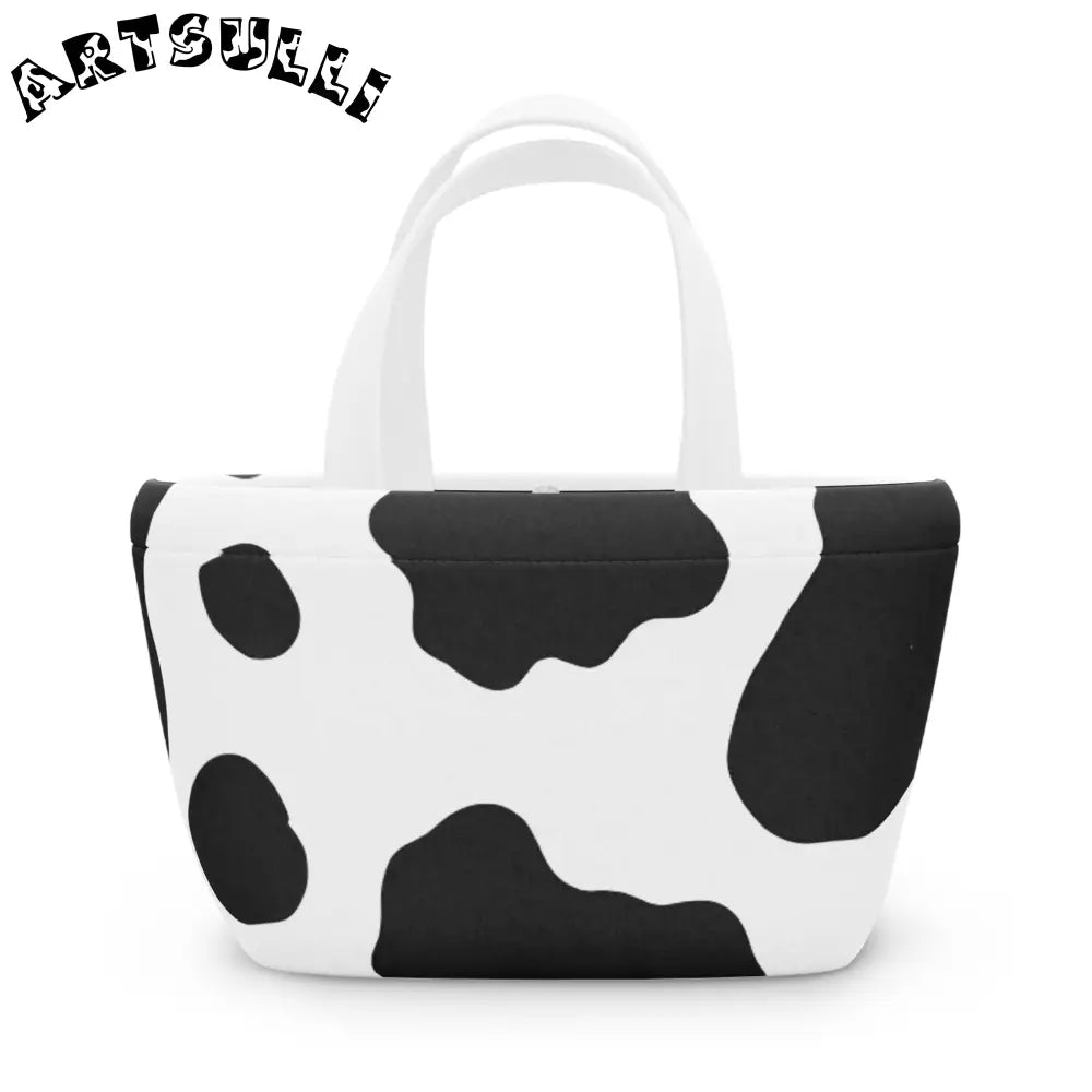 JAKKOUTTHEBXX Cow Print Mini Lunch Bag Tote with White Handles 2025