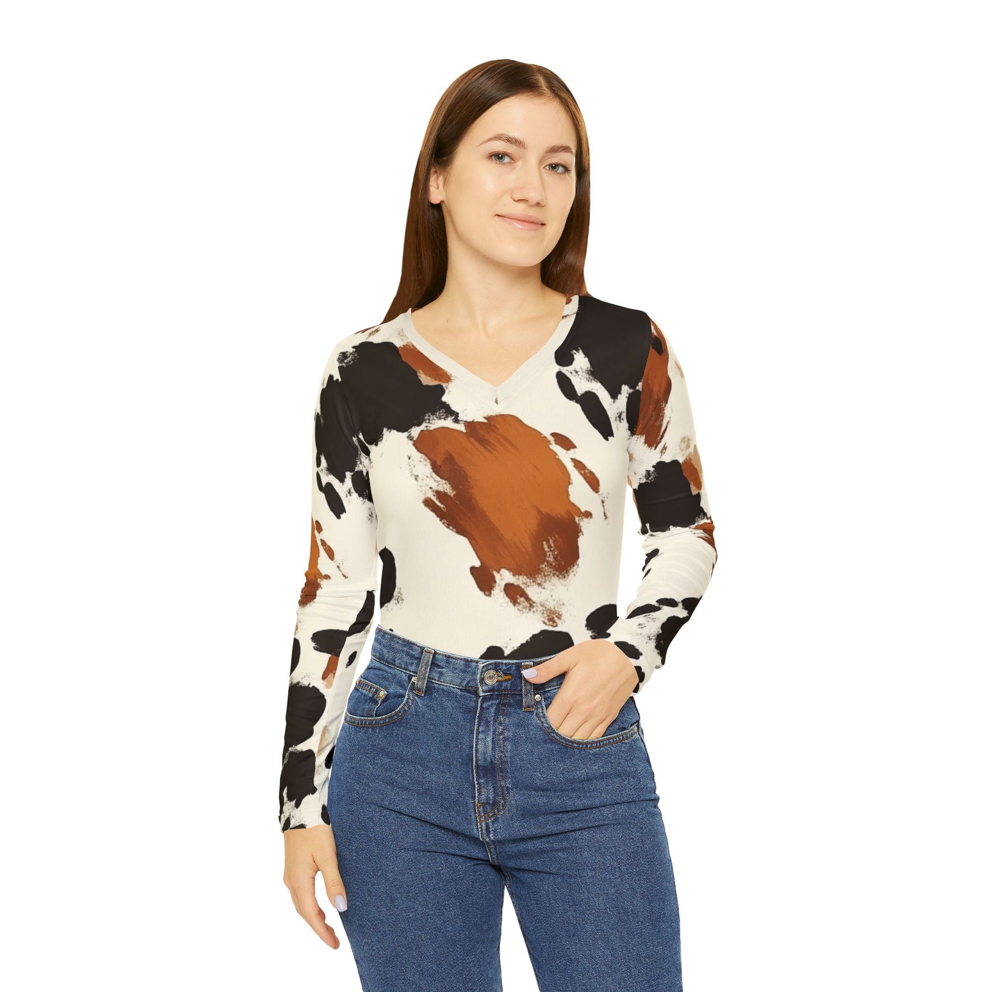 Cow Print Long Sleeve V-Neck Shirt, Artsulli - Art is Long, Life is Short, All Over Prints, , , , , , , 