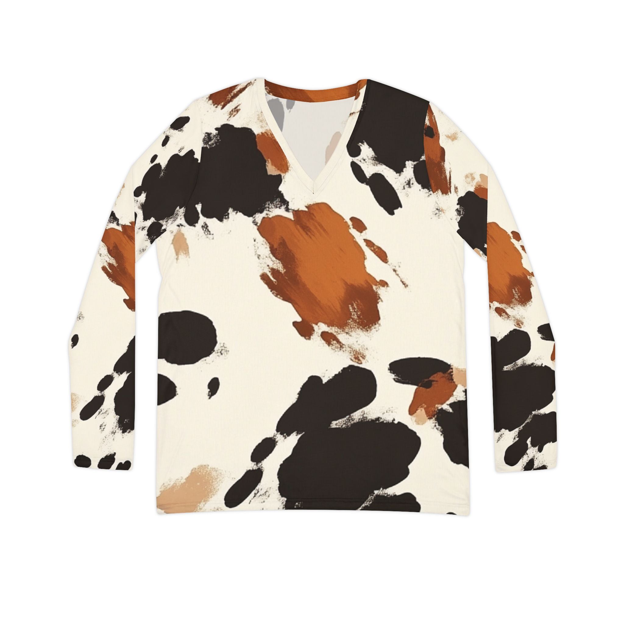 Cow Print Long Sleeve V-Neck Shirt, Artsulli - Art is Long, Life is Short, All Over Prints, Size, XS, , , , , 24778211324988590630