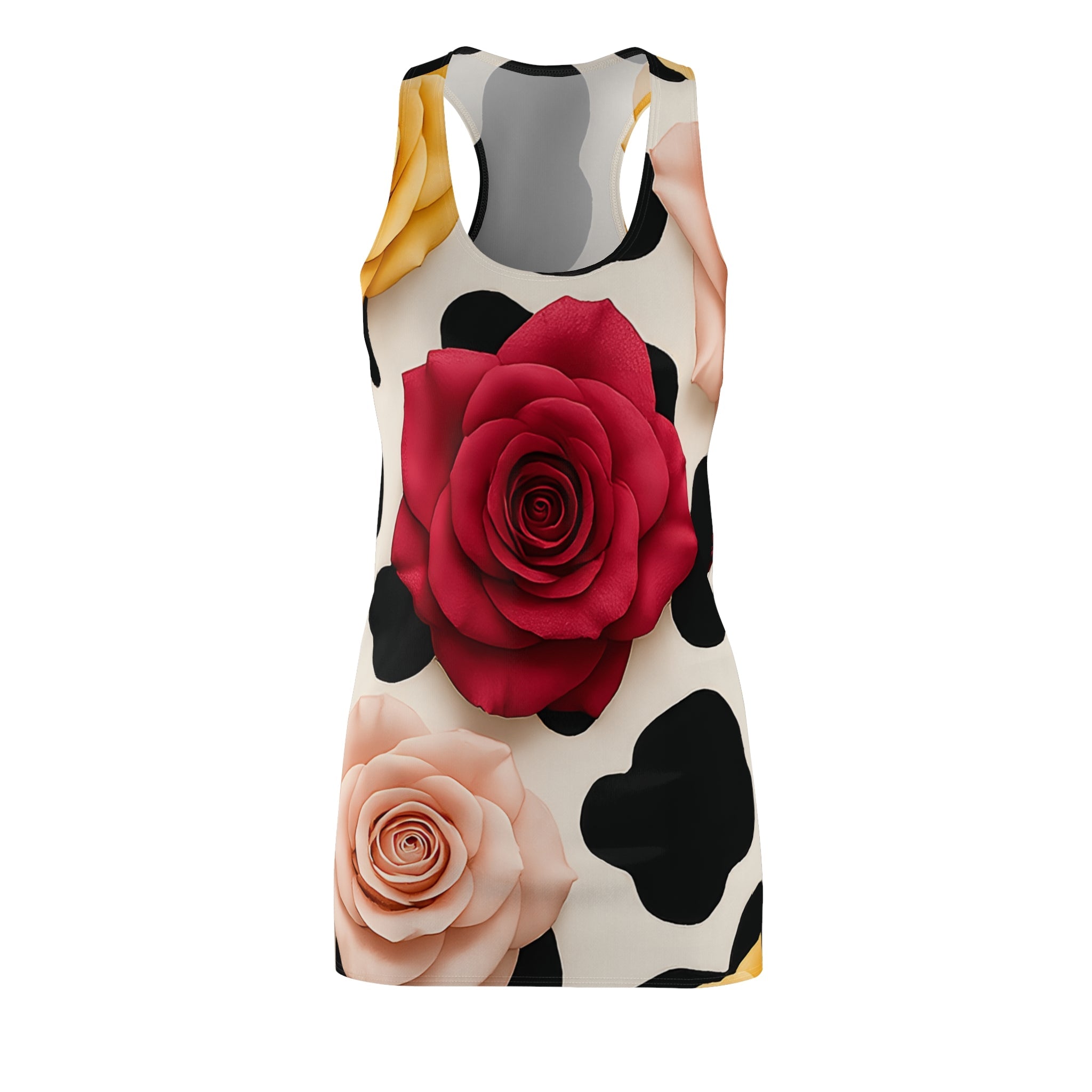 Cow Print Rose Applique Racerback Dress, Artsulli - Art is Long, Life is Short, All Over Prints, Size, XS, , , , , 88138149690382791992