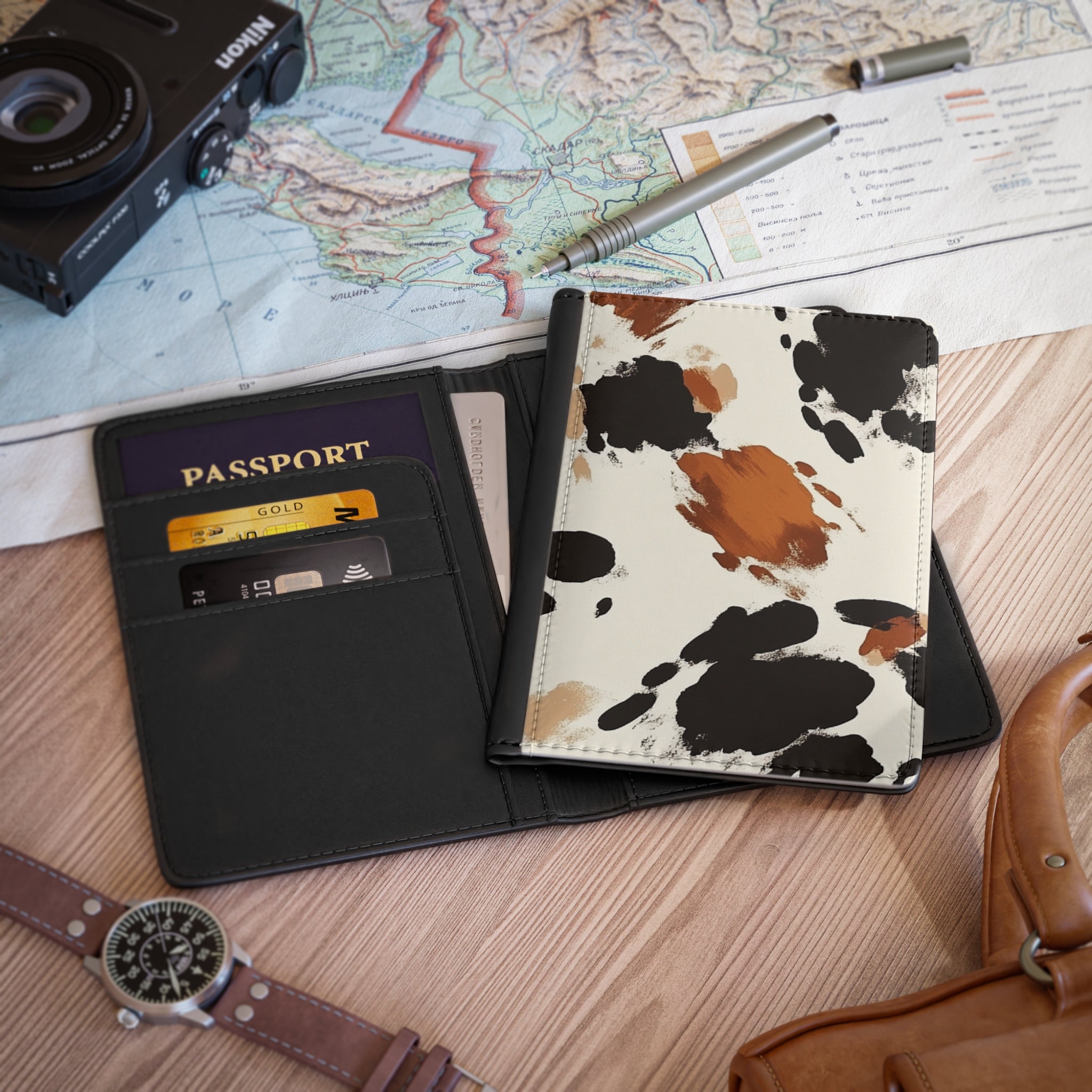 Cowhide Print Passport Cover, Artsulli - Art is Long, Life is Short, Accessories, , , , , , , 