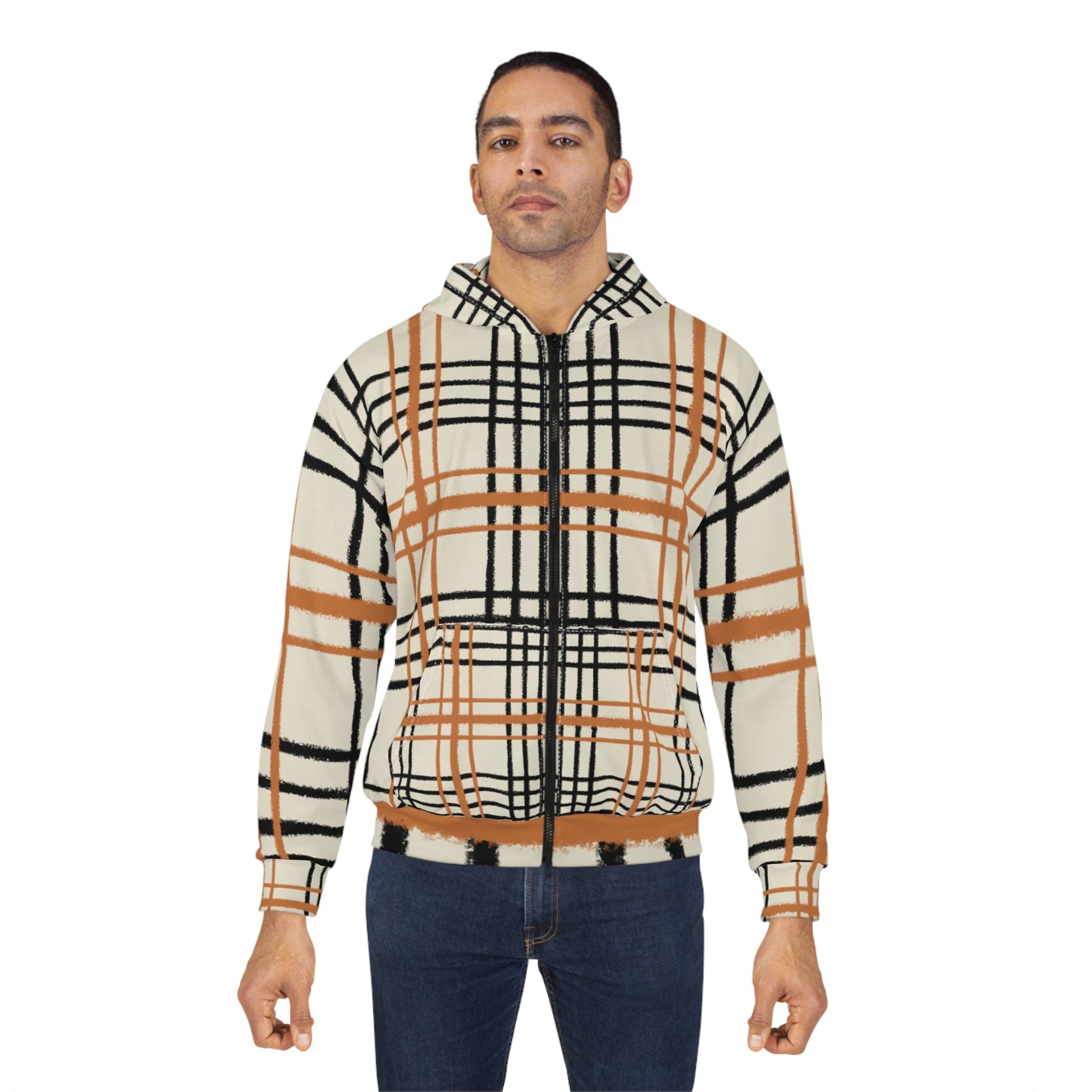 Cream and Brown Plaid Zip Hoodie, Artsulli - Art is Long, Life is Short, All Over Prints, , , , , , , 