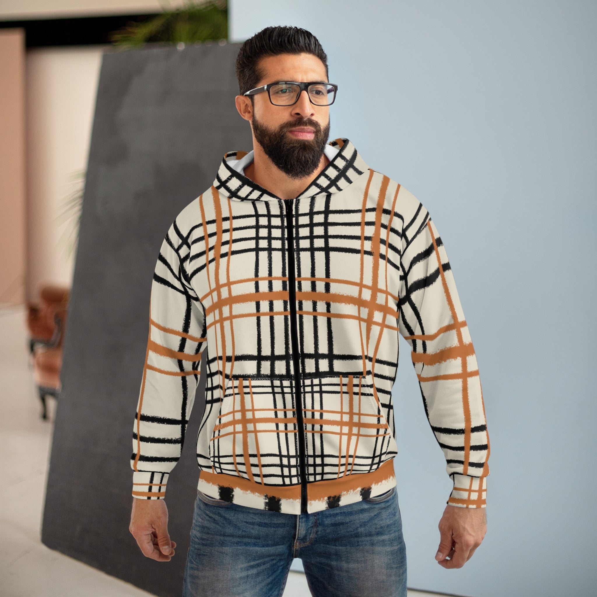 Cream and Brown Plaid Zip Hoodie, Artsulli - Art is Long, Life is Short, All Over Prints, , , , , , , 