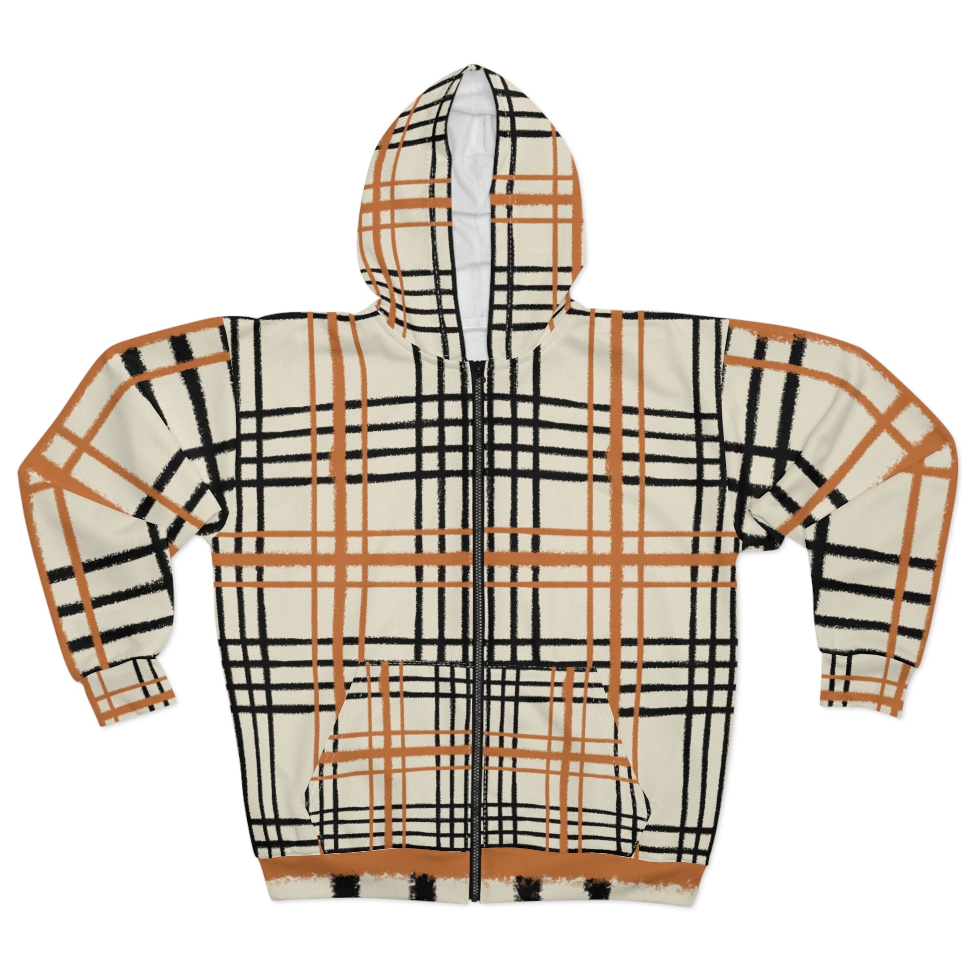 Cream and Brown Plaid Zip Hoodie, Artsulli - Art is Long, Life is Short, All Over Prints, Size, XS, , , , , 76416818735183910696