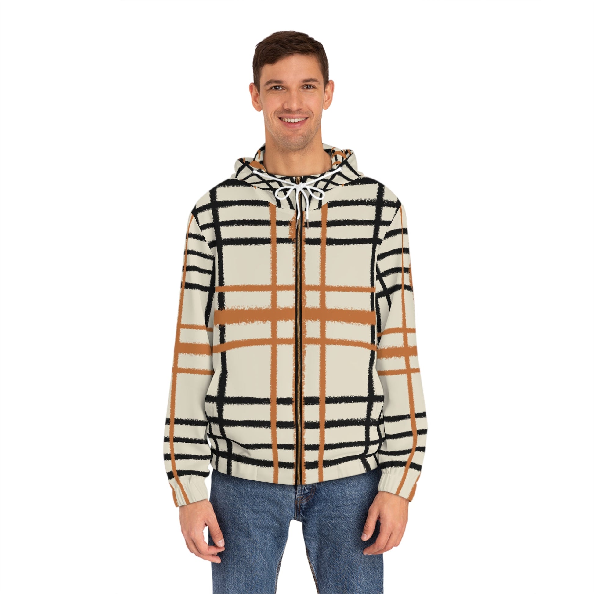 JAKKOUTTHEBXX Cream and Brown Plaid Zip Up Hoodie 2025