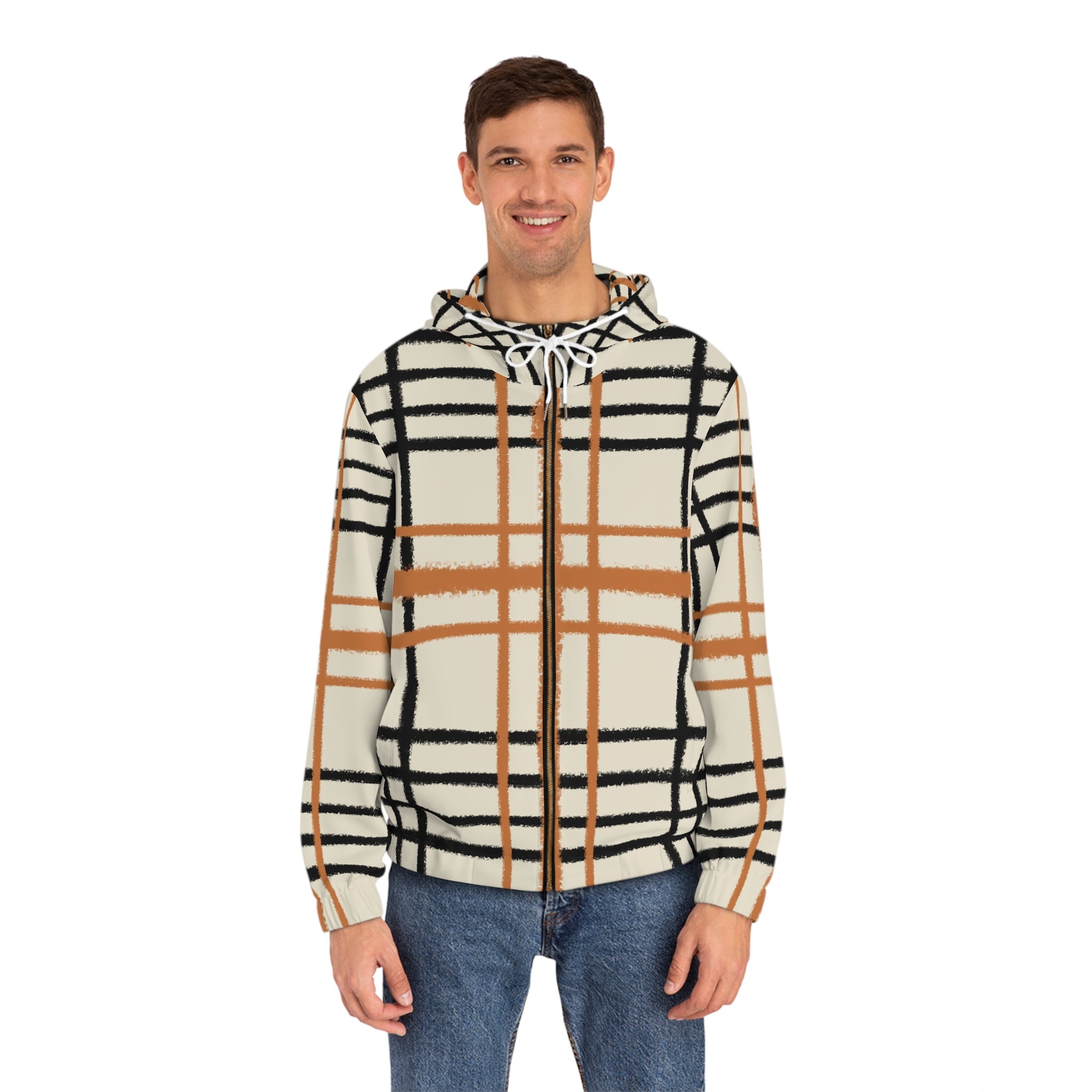JAKKOUTTHEBXX Cream and Brown Plaid Zip Up Hoodie 2025