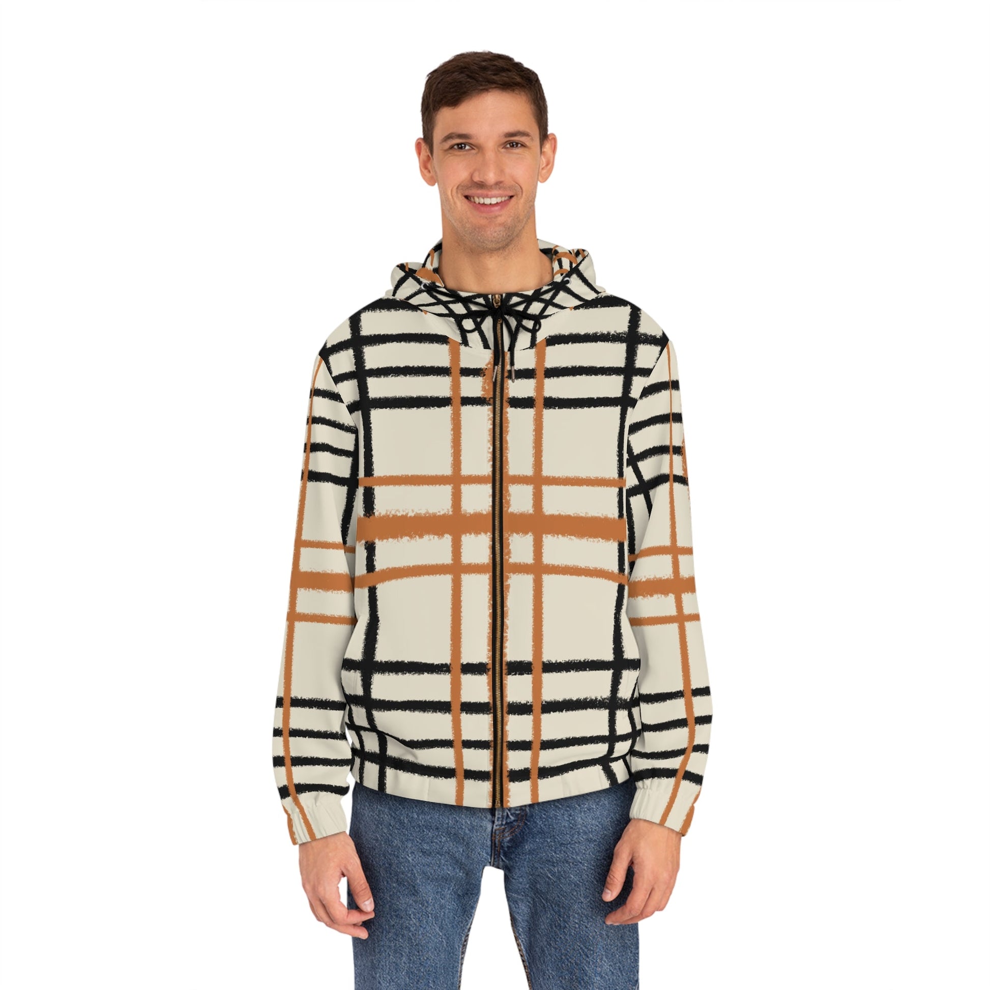 JAKKOUTTHEBXX Cream and Brown Plaid Zip Up Hoodie 2025