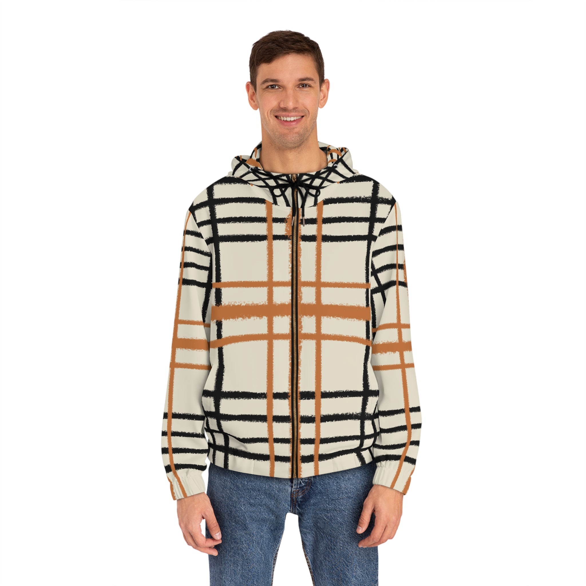 JAKKOUTTHEBXX Cream and Brown Plaid Zip Up Hoodie 2025