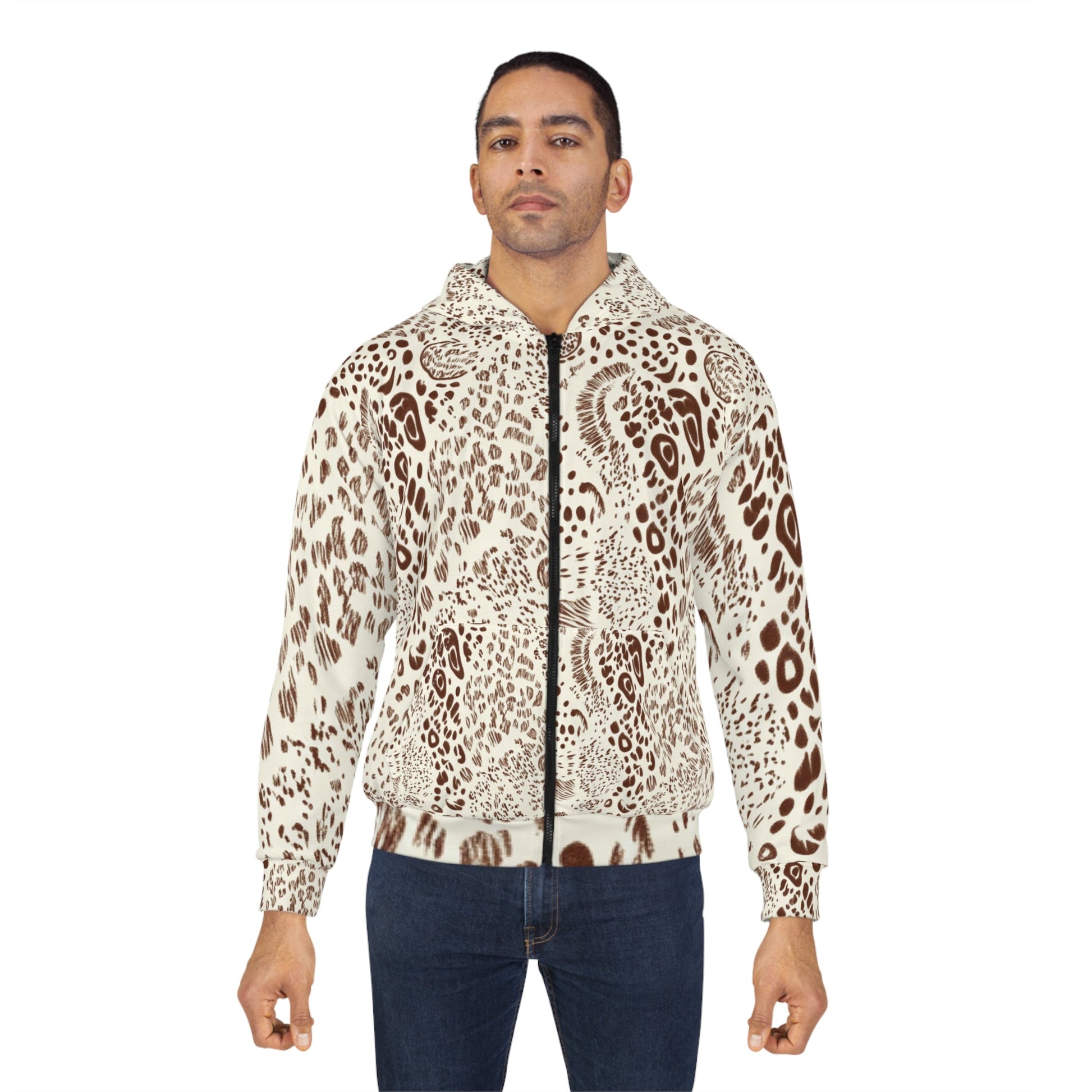 Cream Animal Print Zip Hoodie, Artsulli - Art is Long, Life is Short, All Over Prints, , , , , , , 