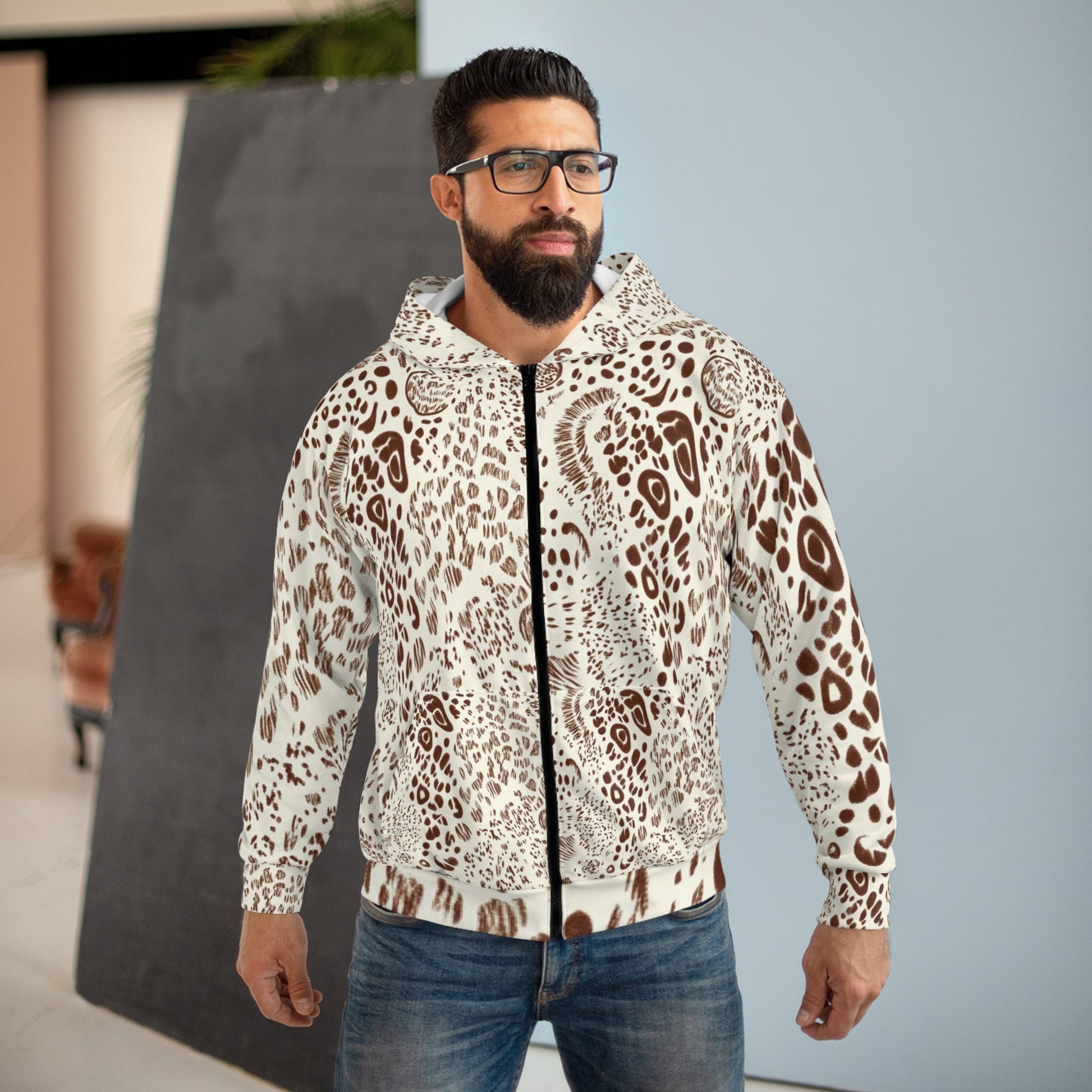 Cream Animal Print Zip Hoodie, Artsulli - Art is Long, Life is Short, All Over Prints, , , , , , , 