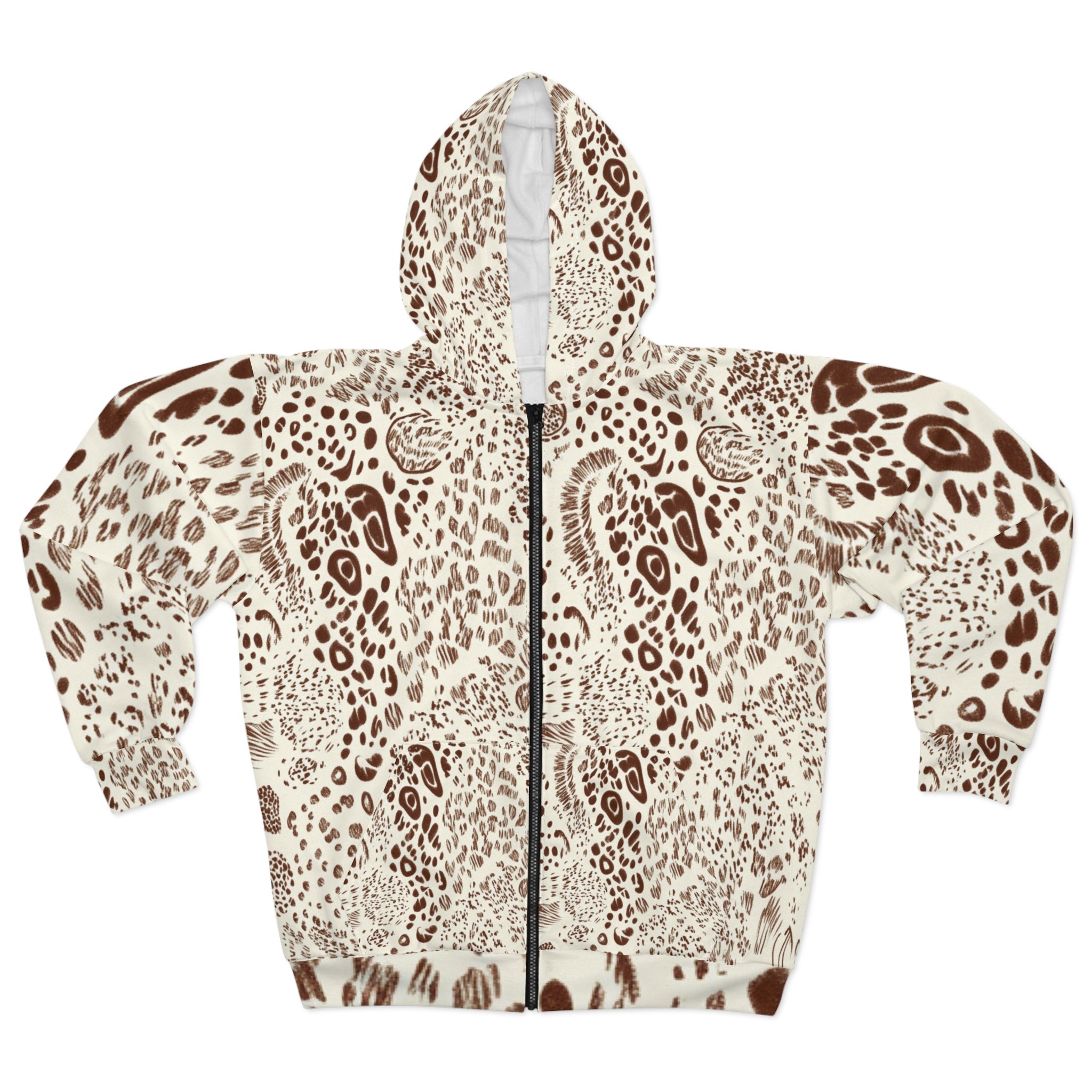 Cream Animal Print Zip Hoodie, Artsulli - Art is Long, Life is Short, All Over Prints, Size, XS, , , , , 11766226113080220582