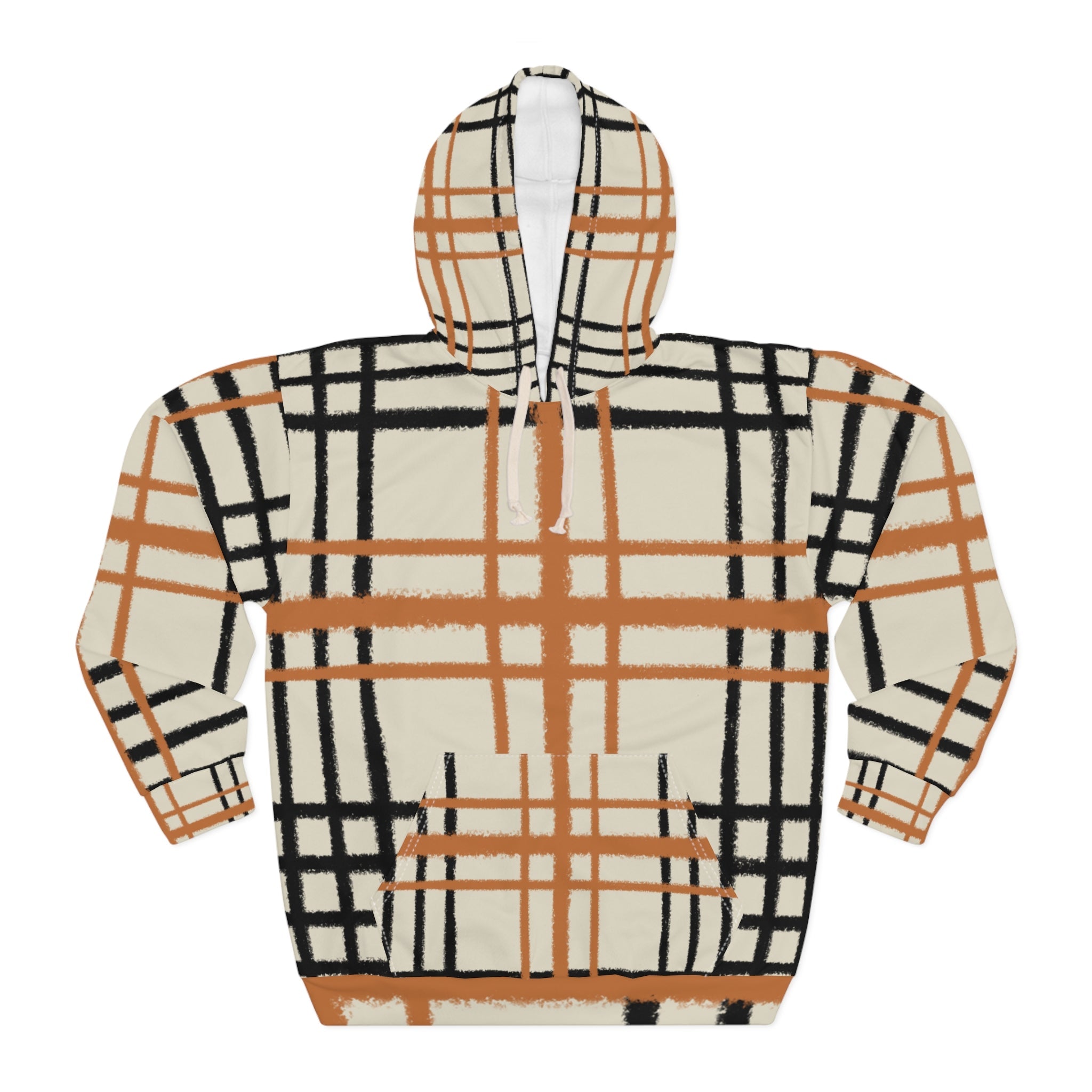 JAKKOUTTHEBXX Cream Black and Orange Plaid Pullover Hoodie 2025