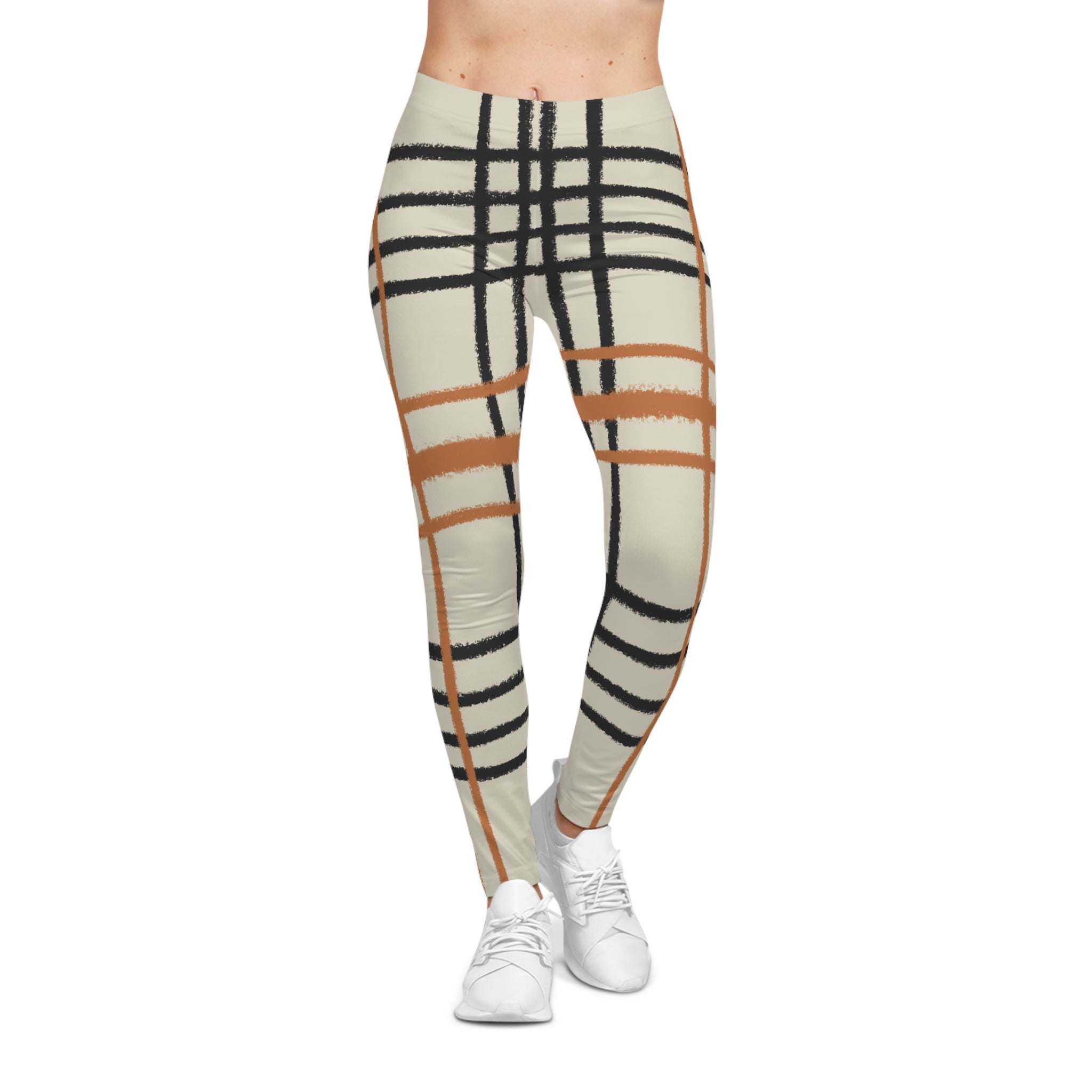 Cream Plaid Knit Casual Leggings, Artsulli - Art is Long, Life is Short, All Over Prints, , , , , , , 