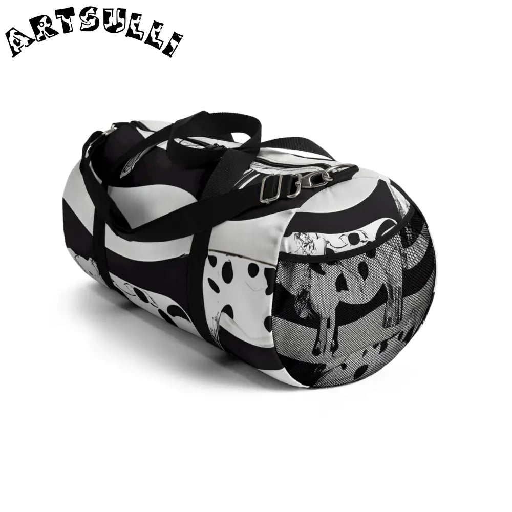 JAKKOUTTHEBXX Black and White Patterned Duffel Bags with Shoulder