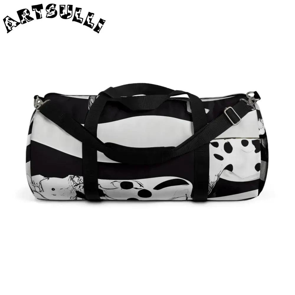 JAKKOUTTHEBXX Black and White Patterned Duffel Bags with Shoulder
