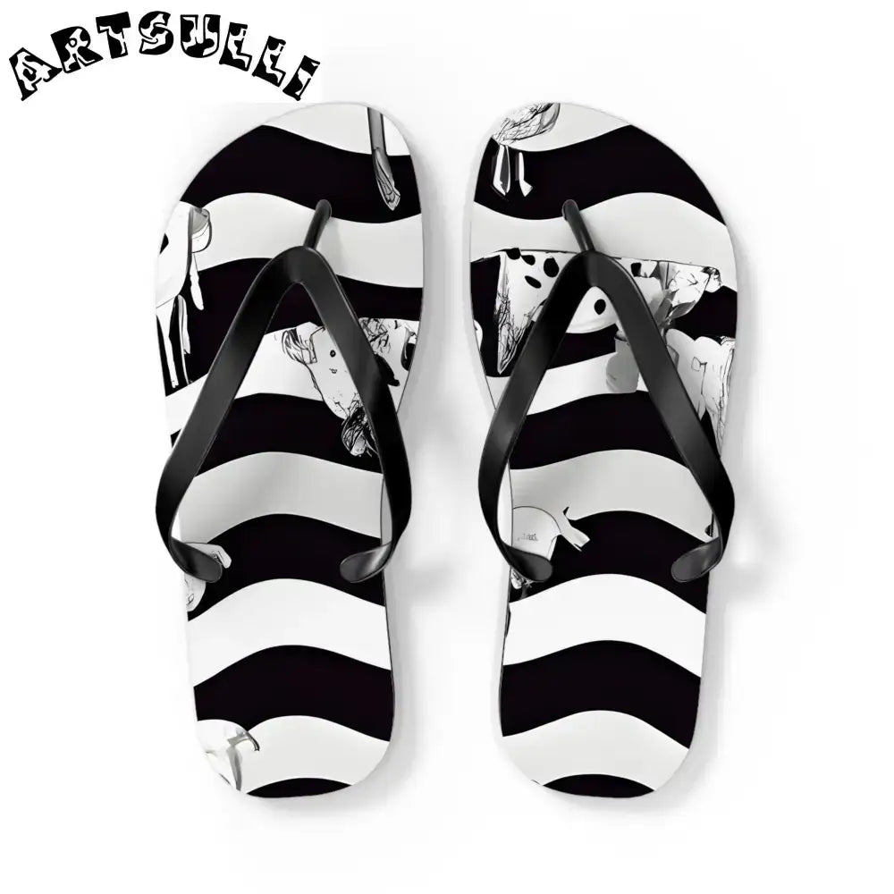 JAKKOUTTHEBXX Black and White Striped Flip Flops with Subtle Floral