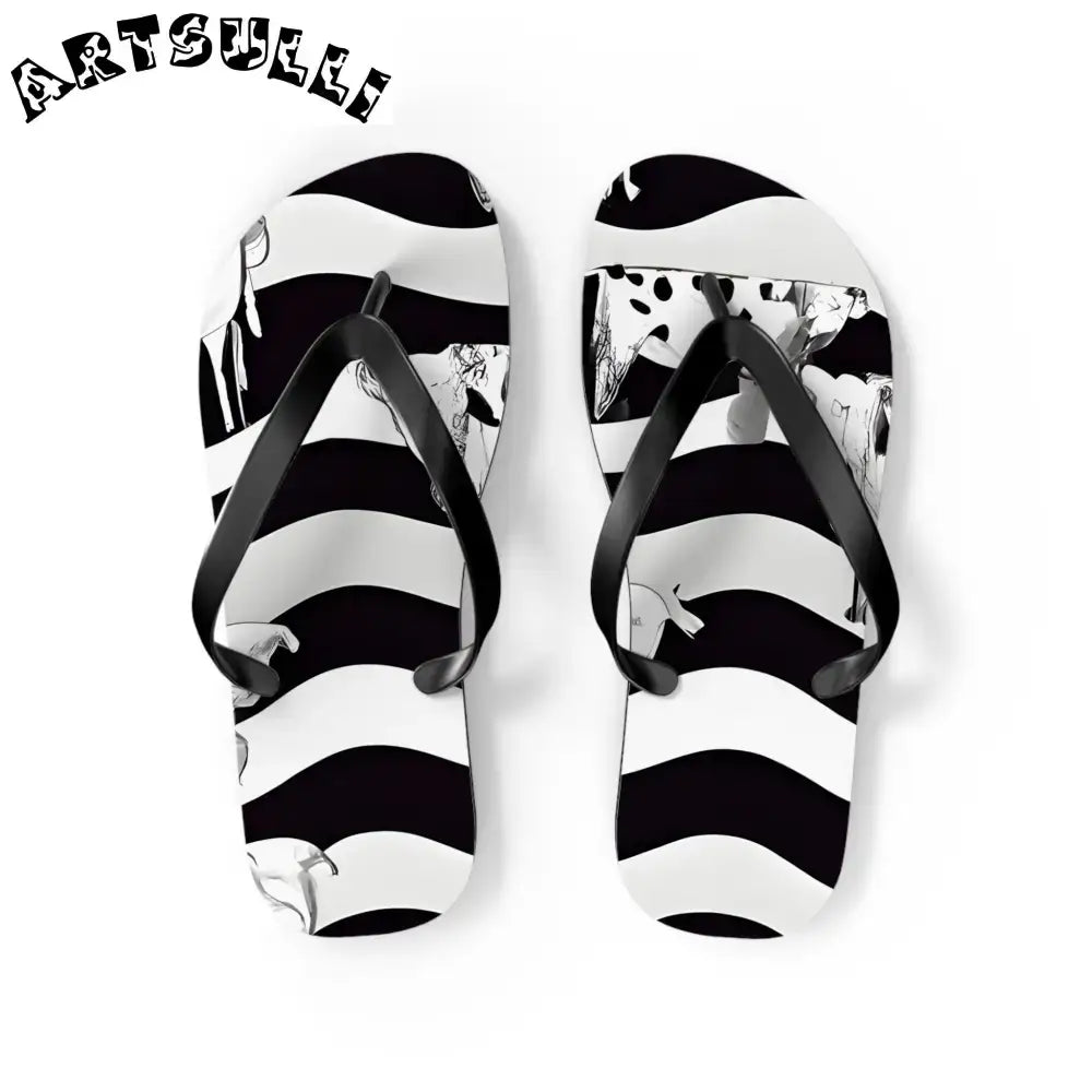 JAKKOUTTHEBXX Black and White Striped Flip Flops with Subtle Floral