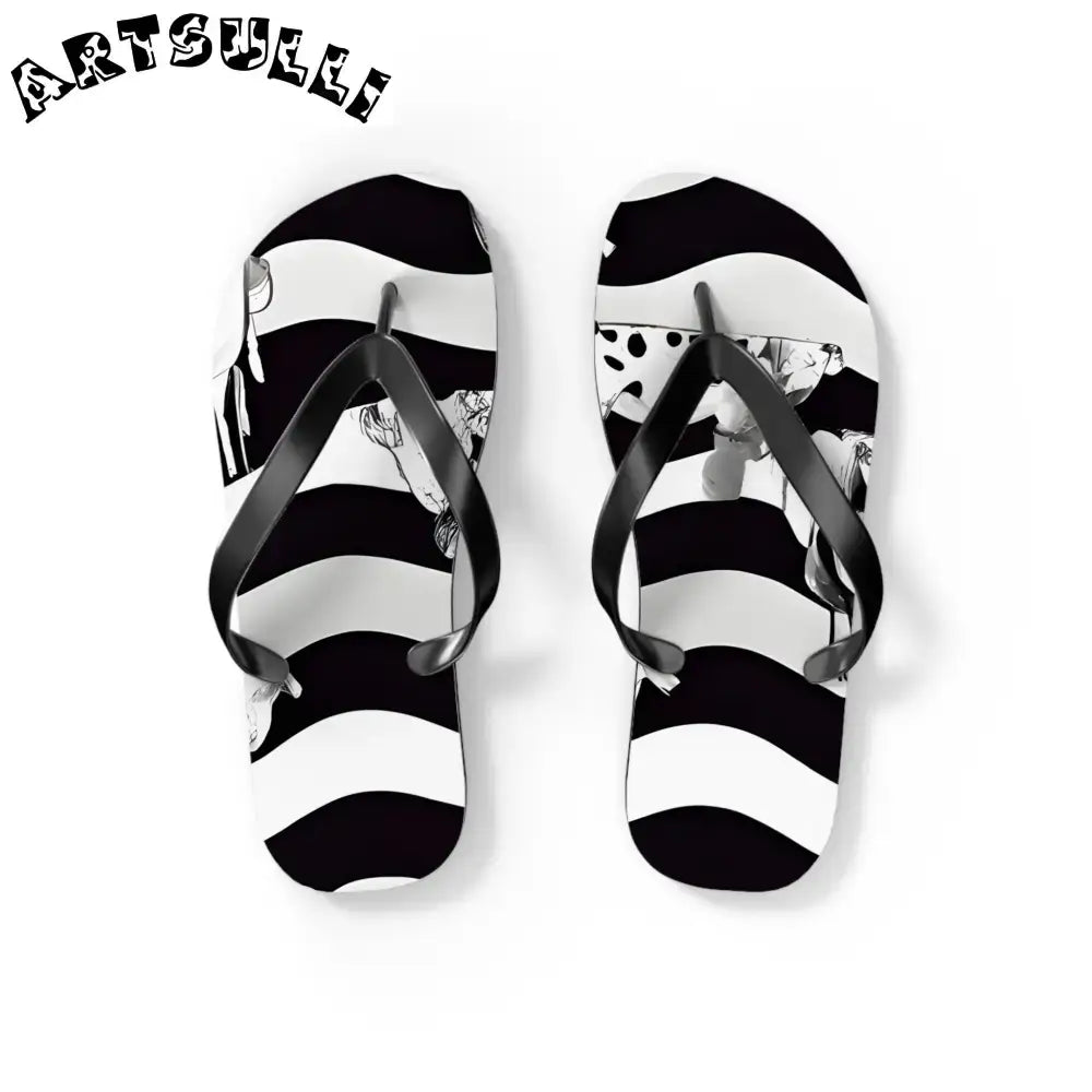 JAKKOUTTHEBXX Black and White Striped Flip Flops with Subtle Floral
