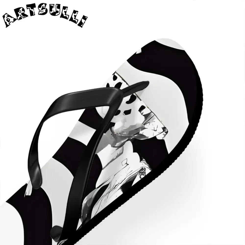 JAKKOUTTHEBXX Black and White Striped Flip Flops with Subtle Floral